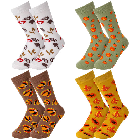 4 Pairs Thanksgiving Autumn Fall Socks Turkey Maple Leaf Pumpkin Mushroom Novelty Crew Socks for Women Men(Autumn Color)