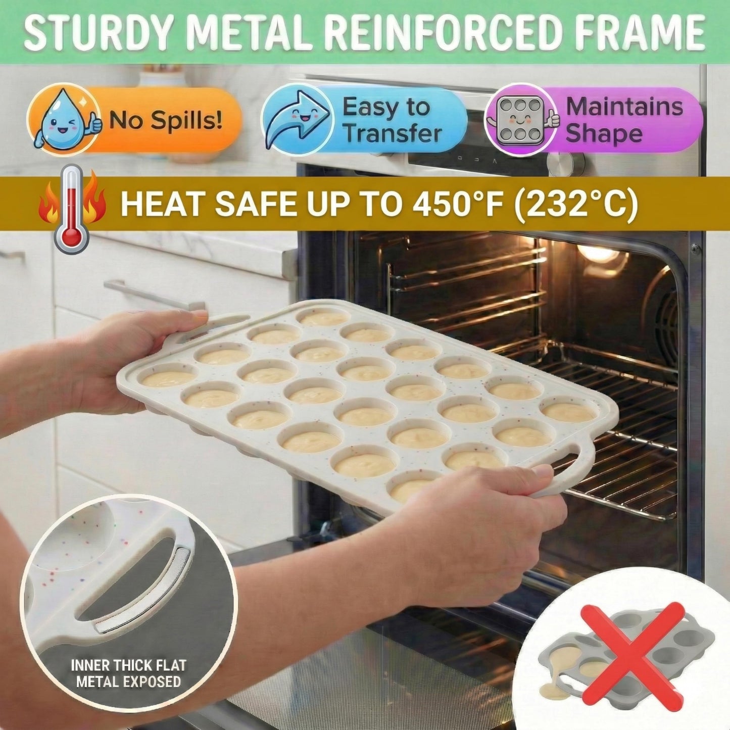 BAKE BOSS Mini Muffin Pan Silicone 24 Cup 2 Pack – Metal Reinforced Frame Nonstick Silicone Molds for Baking Muffins, Egg Bites & Cupcakes – LFGB BPA-Free, Dishwasher Safe, Cream