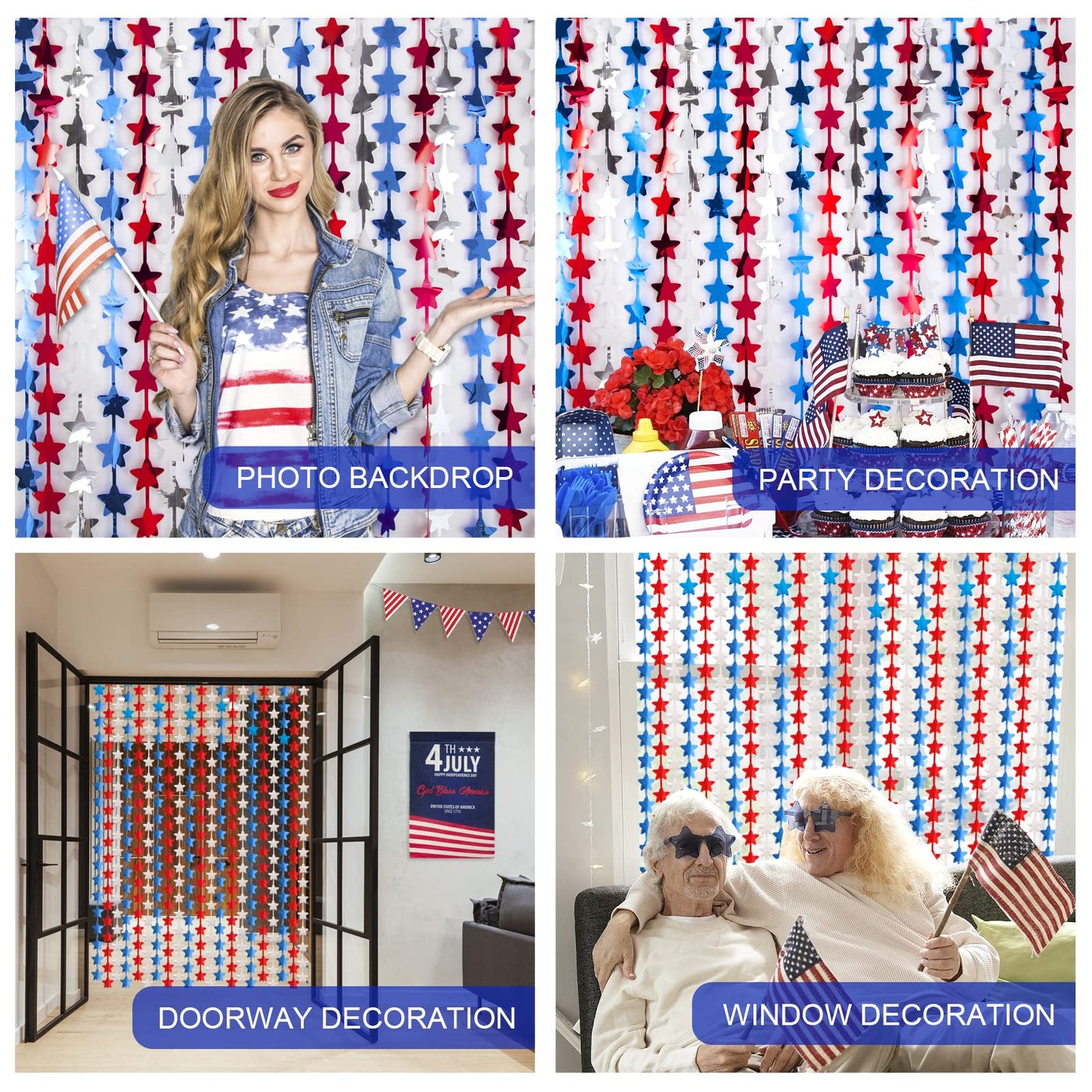 LOLStar 4th of July Decorations,Red White and Blue 3 Pack Star Tinsel Foil Fringe Curtains,Independence Day Photo Booth Prop Streamer Backdrop for America Patriotic Party,Memorial Day,Labor Day