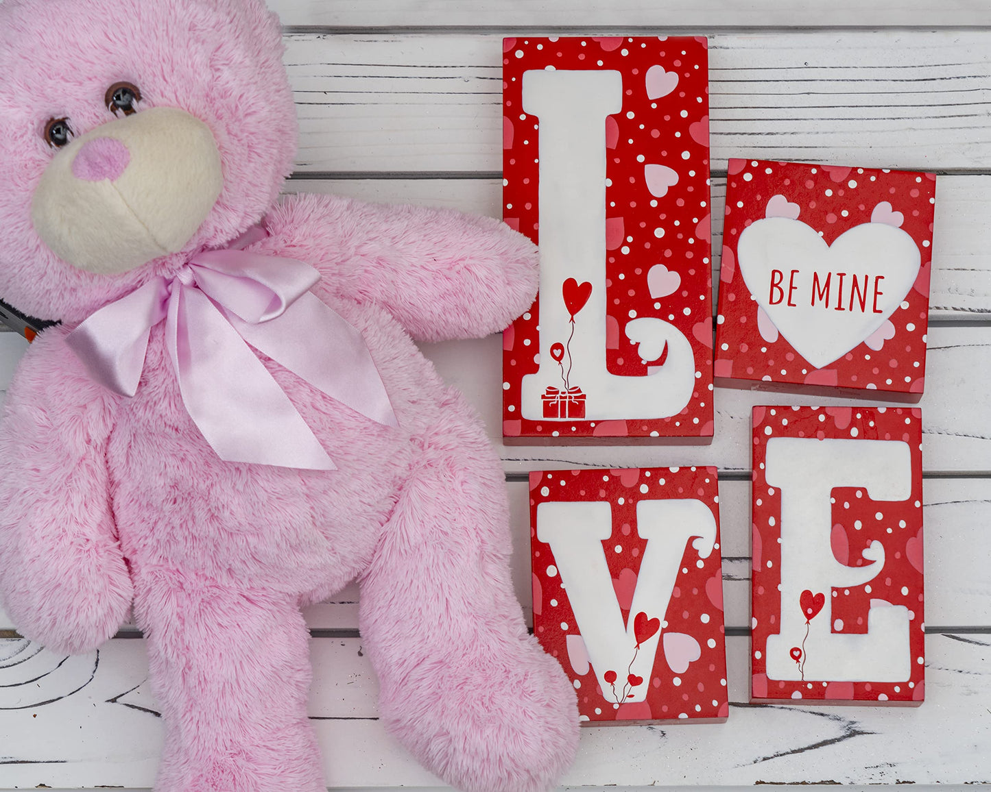 Ornativity Red Wooden Love Blocks - Valentine's Day Romantic Heart Wood Letters Block Decoration Sign with Hearts for Mantel Shelf over Fireplace, Table Top, Home and Office Decor 4Pcs