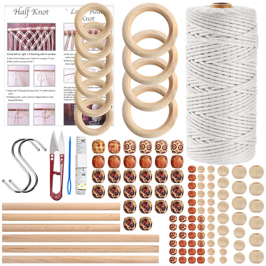 Hdviai 121Pcs Macrame Kit, Macrame Supplies 3mm x 109Yards Macrame Cord for Macrame Kits for Adults Beginners, with Accessories Like 100Pcs Beads and 10Pcs Wooden Rings for Macrame Plant Hanger Kit