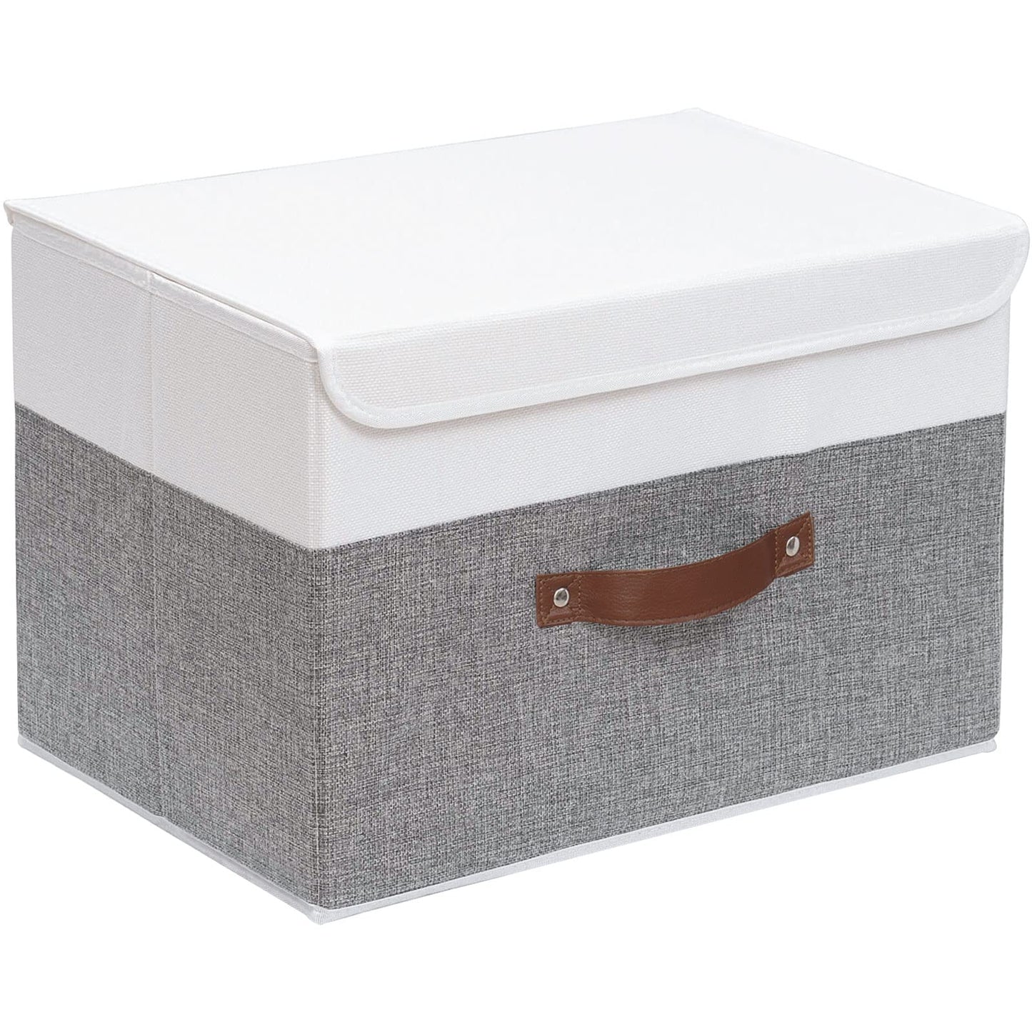 Collapsible Storage Bin, Cube Organizer Basket, Fabric Box with Lids, Washable and Leather Handle, for Home, Closet, White/Grey, 13.0''Lx9.0''Wx7.9''H, 1-Pack, SNK024WGS-1