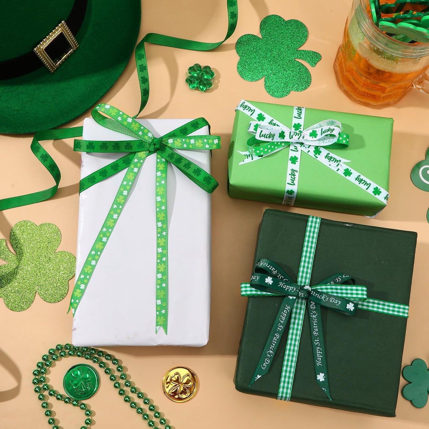 St Patrick's Day Ribbon 6 Rolls 60 Yards Shamrock Grosgrain Ribbon for Craft 10mm Wide Lucky Clover Ribbons for Irish Holiday Gift Wrapping Hair Bow Sewing Home Party Decoration