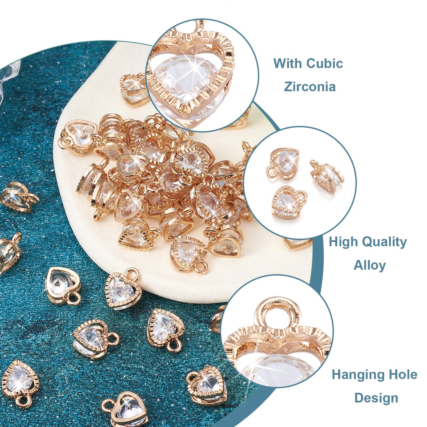 100pcs Cubic Zirconia Alloy Charms Heart Shaped KC Gold Pendants for Jewelry Making Choker Tiny Dangle Accessories Valentine's Day Wedding