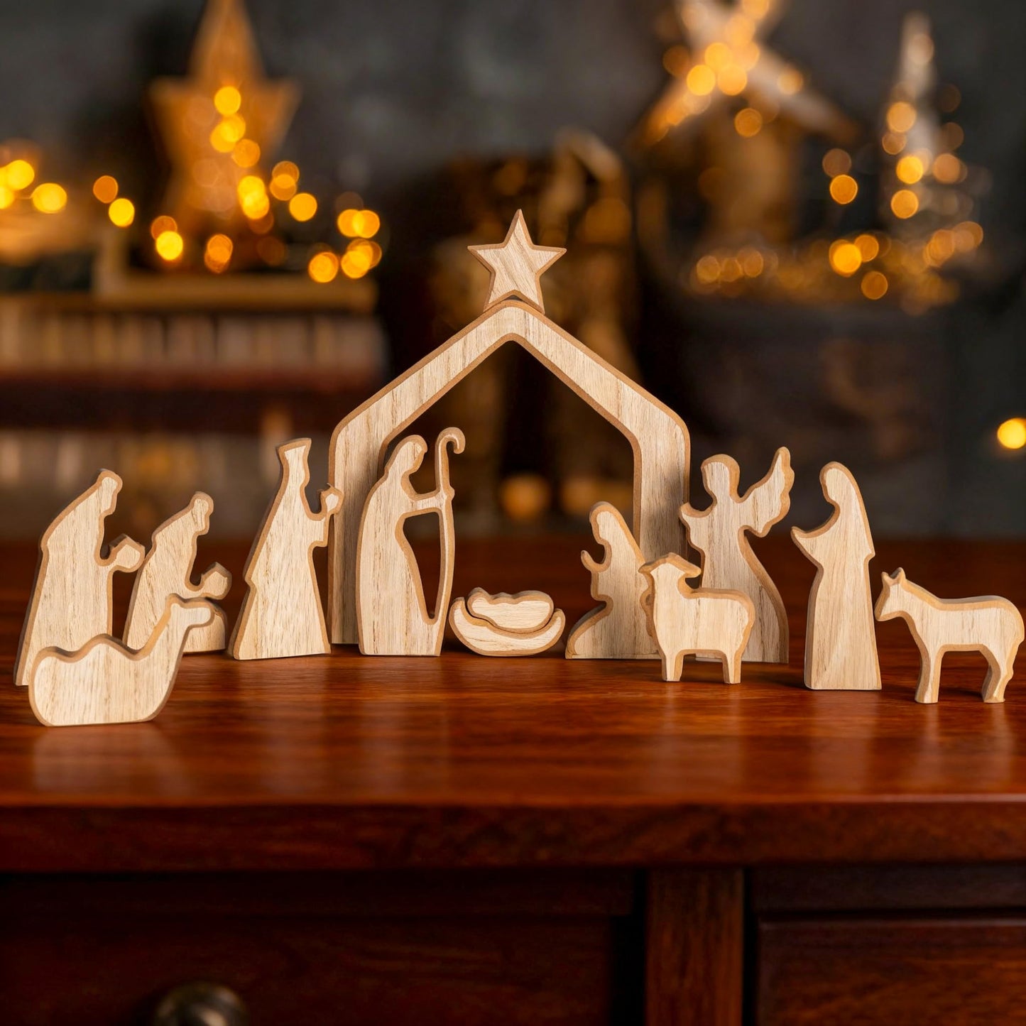 Nativity Scene Set, 13Pcs Wooden Christmas Nativity Scene Miniature Holy Family Figurines, Minimalism Boho Tabletop Christmas Manger Decorations for Indoor Home Mantel Display