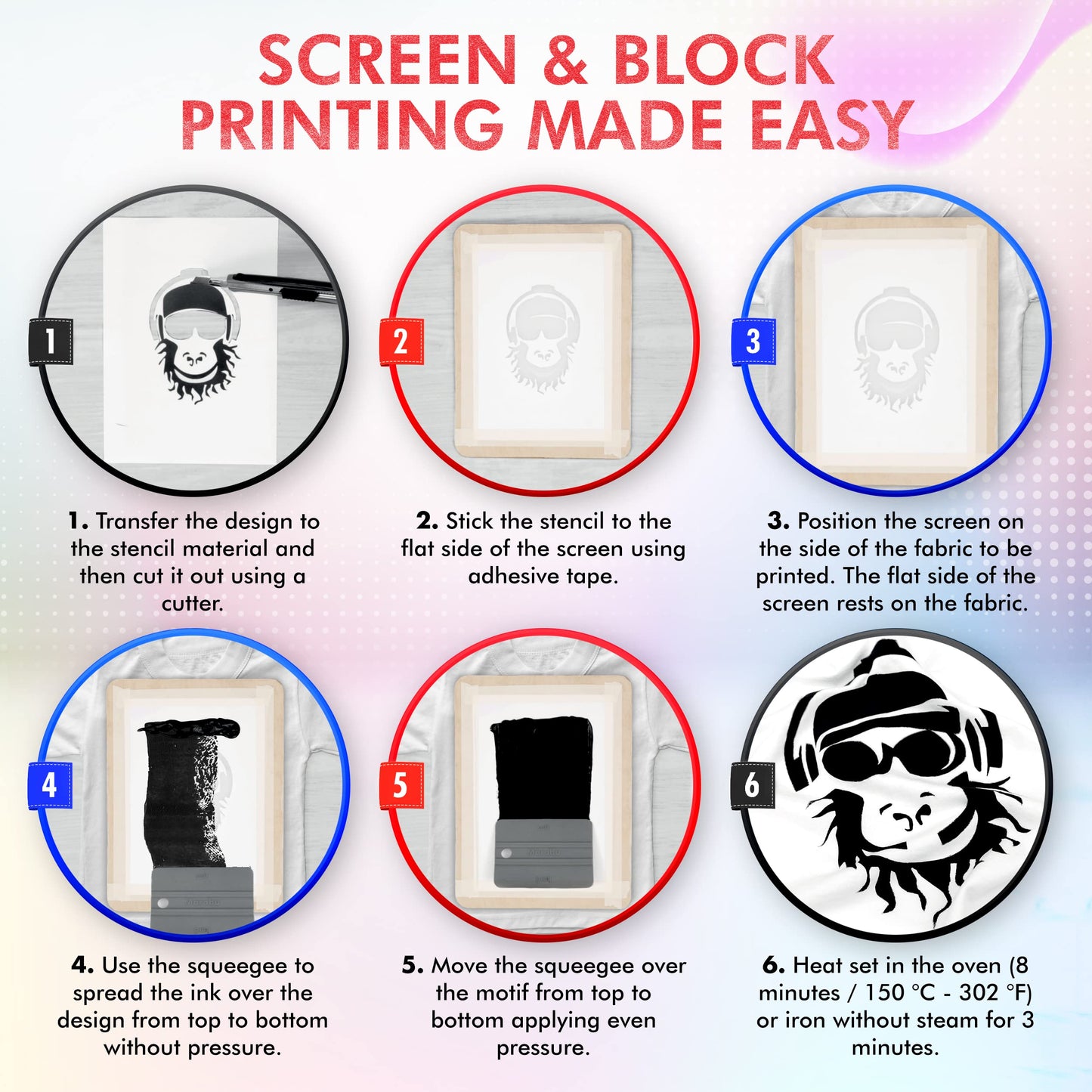 Marabu Screen Printing Kit Set - Screen Print Kit with Reusable Wooden Frame, 1 Screen Printing Squeegee, and 3 x 100ml Ink - Silk Screen Printing Kit for Beginners