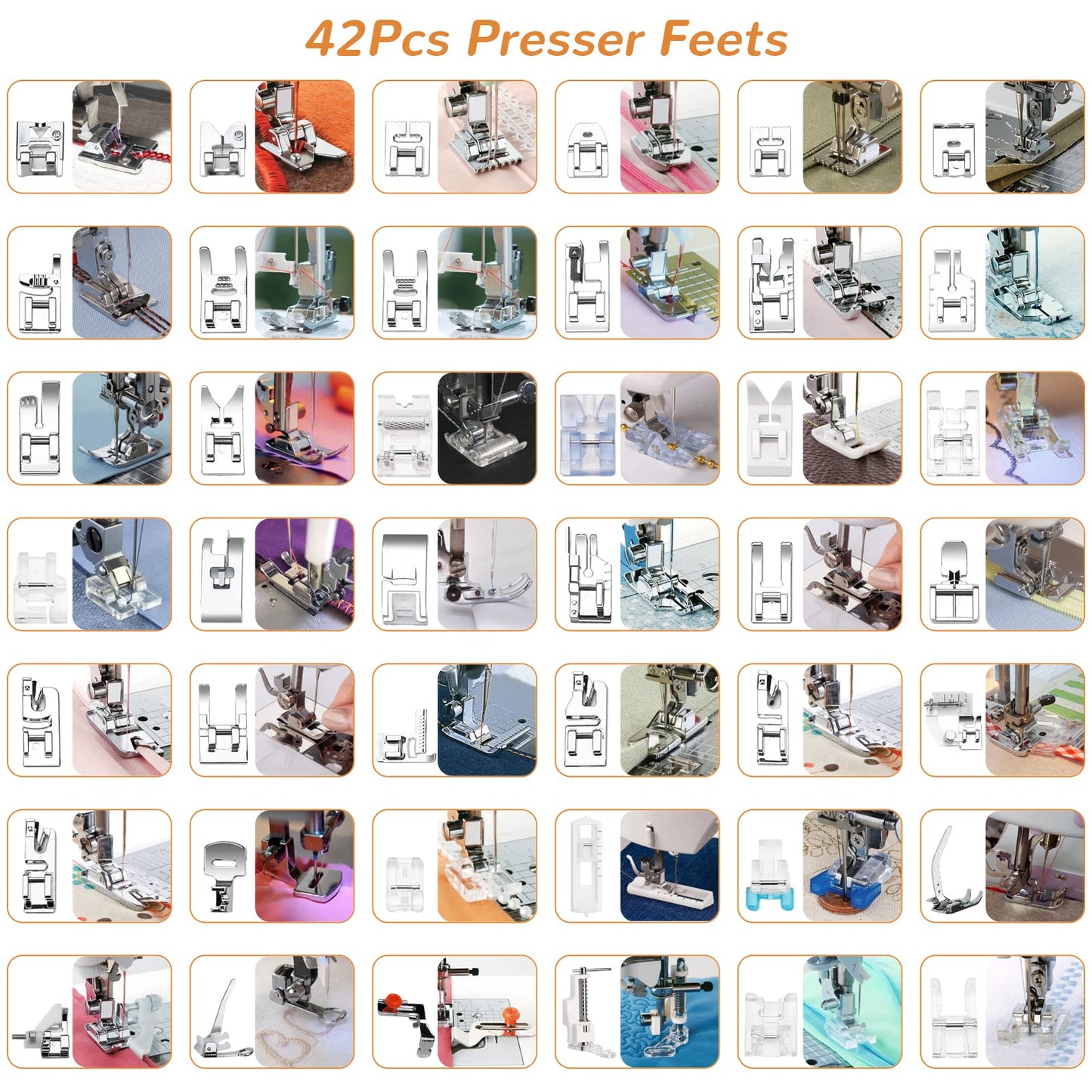 Presser Foot Set 42Pcs, Sewing Machine Presser Feet Kit Accessories with Manual for Brother, Babylock, Singer, Elna, Toyota, New Home, Simplicity, Necchi, Kenmore Low Shank Machines