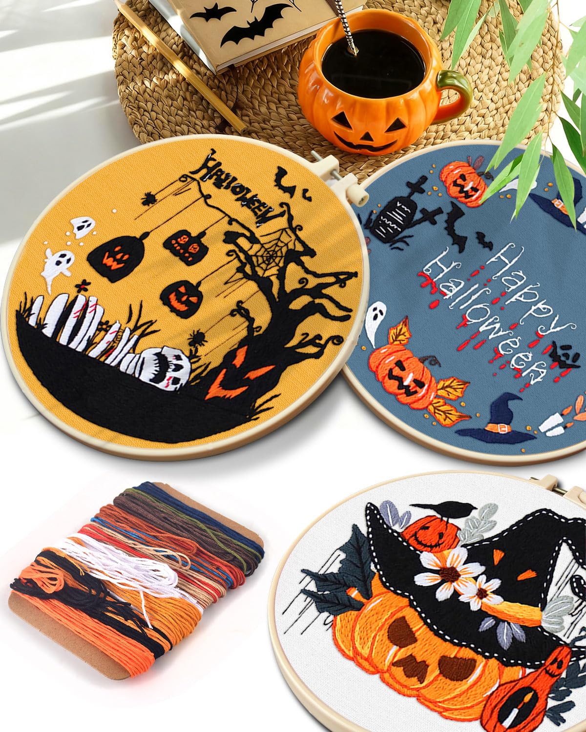 Halloween Embroidery Kit for Adult, 5 Pack Embroidery DIY Starter Kit, with Stamped Patterns, Hoop, Tools, Colorful Threads with Needles, Instructions