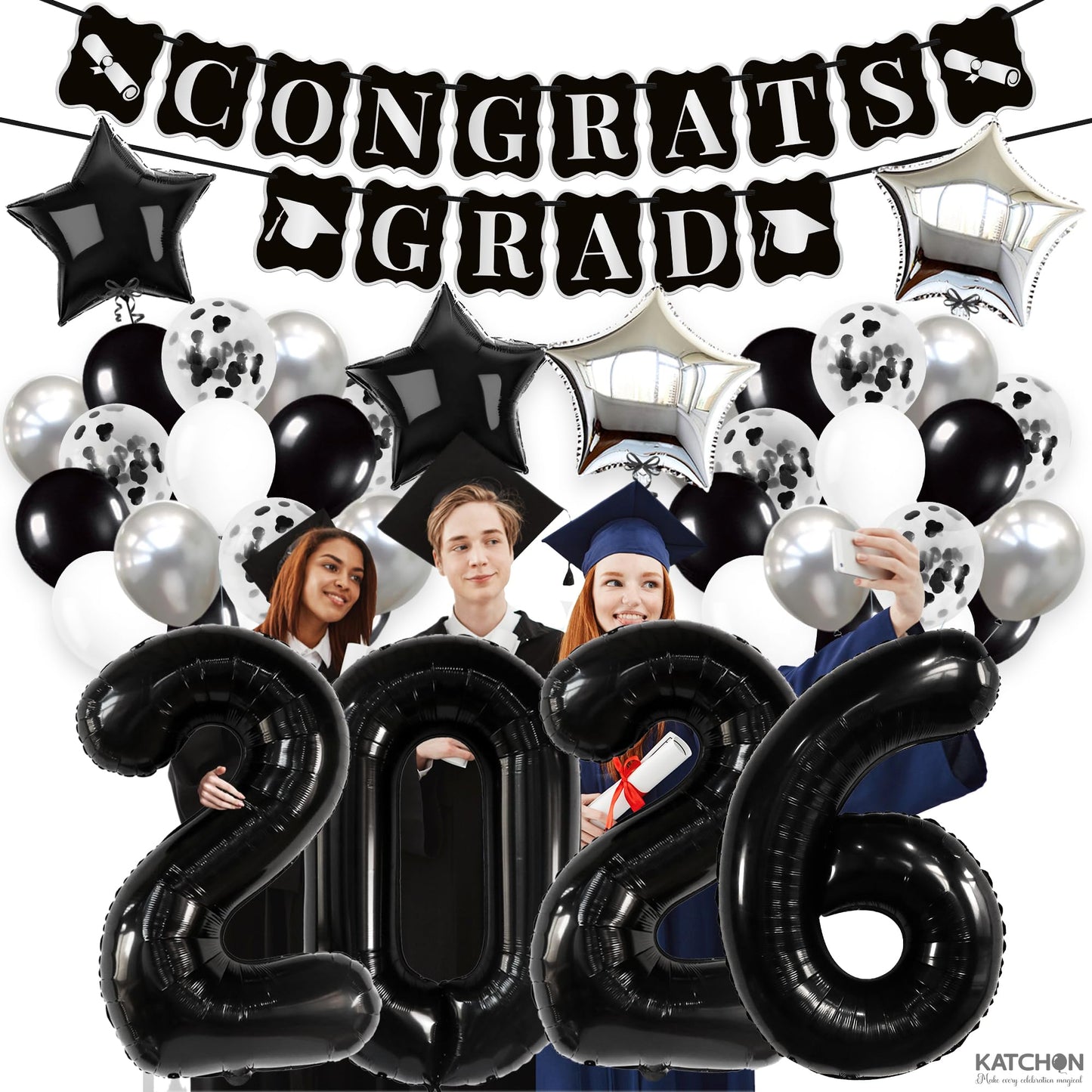 KatchOn, Black and Silver Graduation Decorations 2026 Set - Huge, Pack Of 43 | 2026 Balloons, Congrats Grad Banner | Black Graduation Decorations 2026 | Black and White 2026 Graduation Decorations