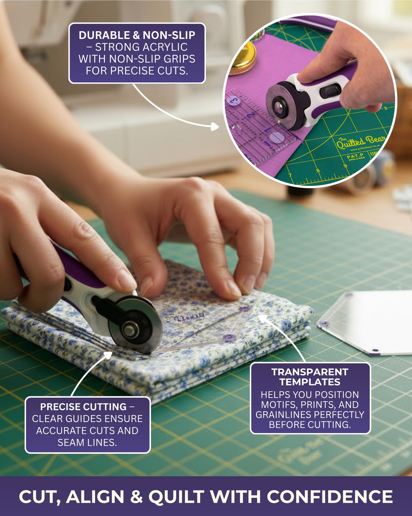 The Quilted Bear Diamond Quilting Templates – 8 Clear Non-Slip Acrylic Quilt Templates for Precise Fabric Cutting & Stress-Free Machine Quilting - Ideal for Quilt & Sewing Supplies (¾–3")