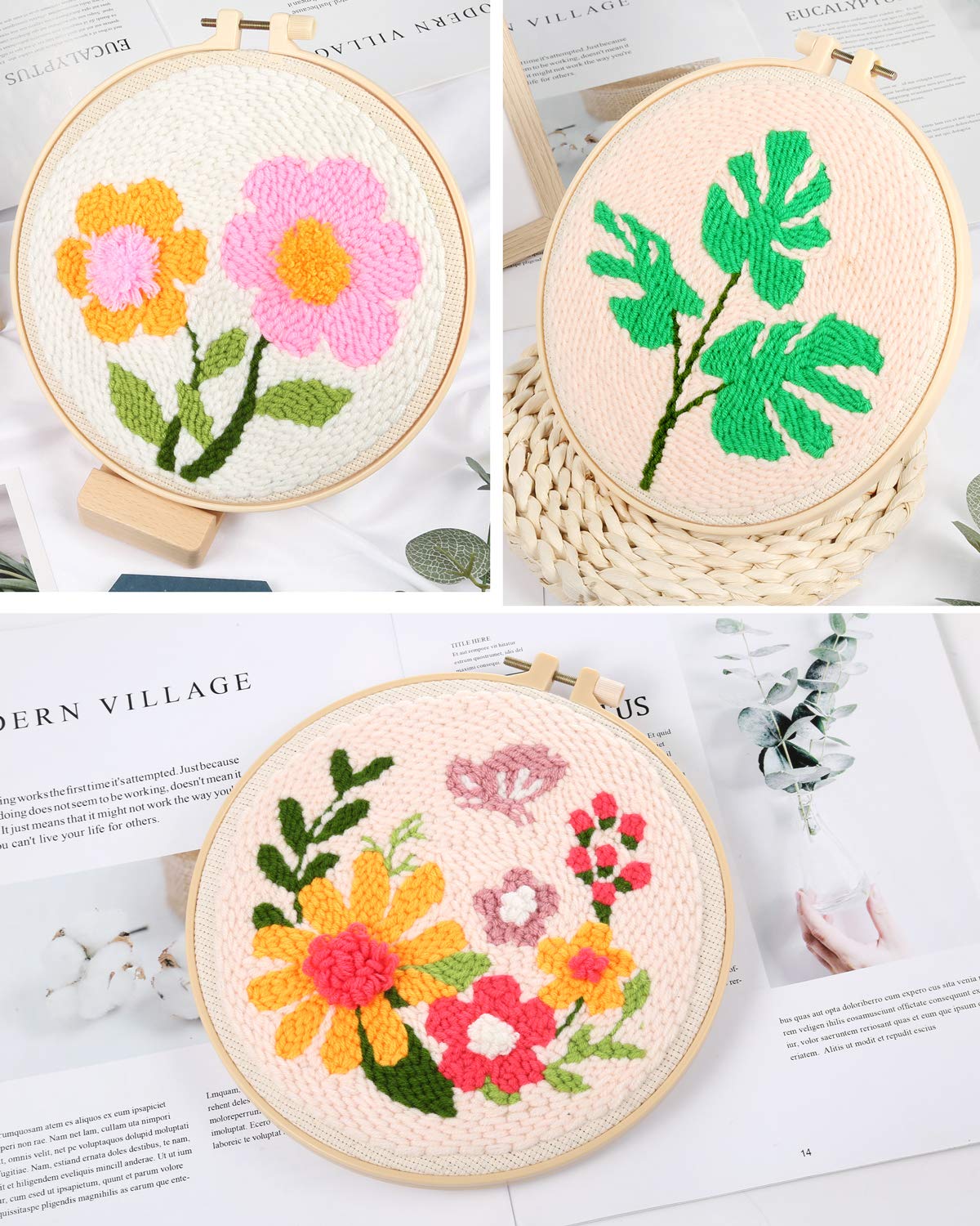 Pllieay 3 Set Punch Needle Embroidery Starter Kits Include Instruction, Punch Needle Fabric with Pattern, Yarns, Embroidery Hoops for Rug-Punch & Pinch Needle