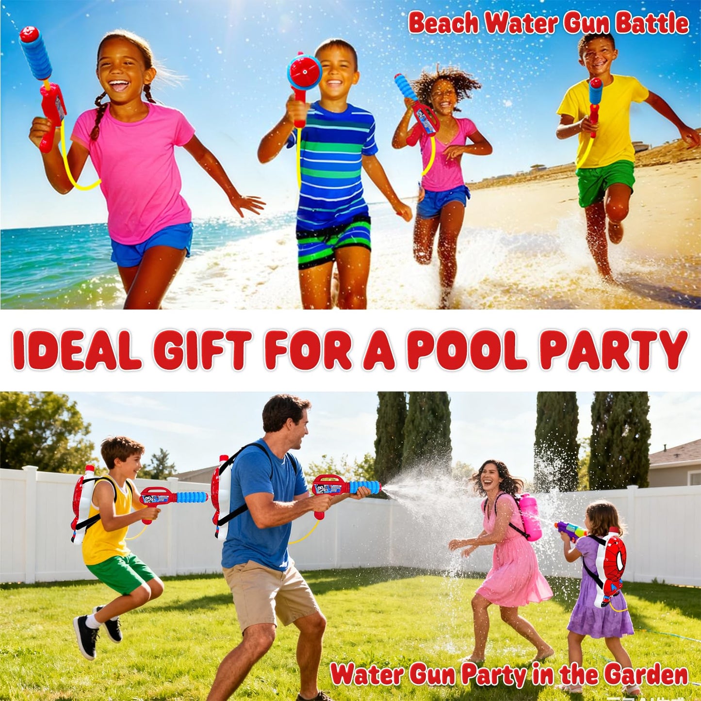 Minaso Backpack Water Gun for Kids, Superhero Squirt Gun, 1.3L Cartoon Summer Outdoor Toys with Adjustable Straps for Swimming Pool Backyard Beach Water Fight Game (Red)