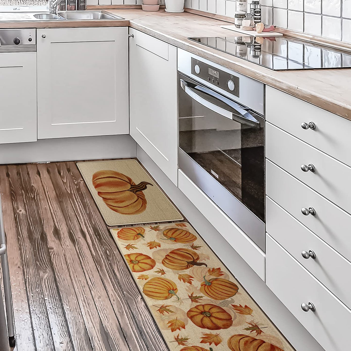 Fall Pumpkin Kitchen Mats Set of 2, Non-Slip Absorbent Rug and Door Mats, Seasonal Thanksgiving Autumn Home Decor Kitchen Floor Mat 17x29 and 17x47 Inch DM087