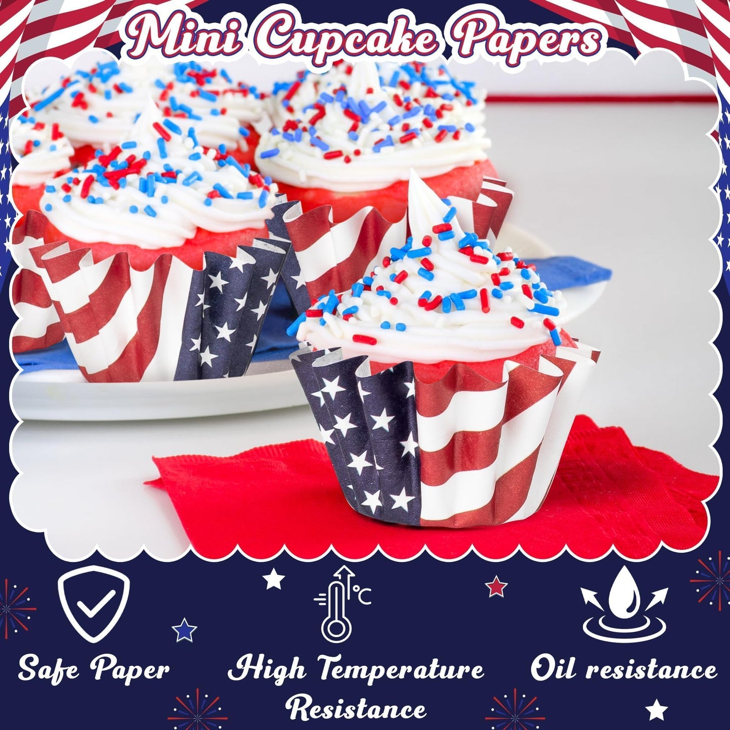 R HORSE 200Pcs American Flag Cupcake Liners, July 4th Grease-resistant Mini Size Cupcake Cups for Baking, Heavy Duty Paper Cupcake Wrappers Muffin Baking Cup for 4th of July Independence Day