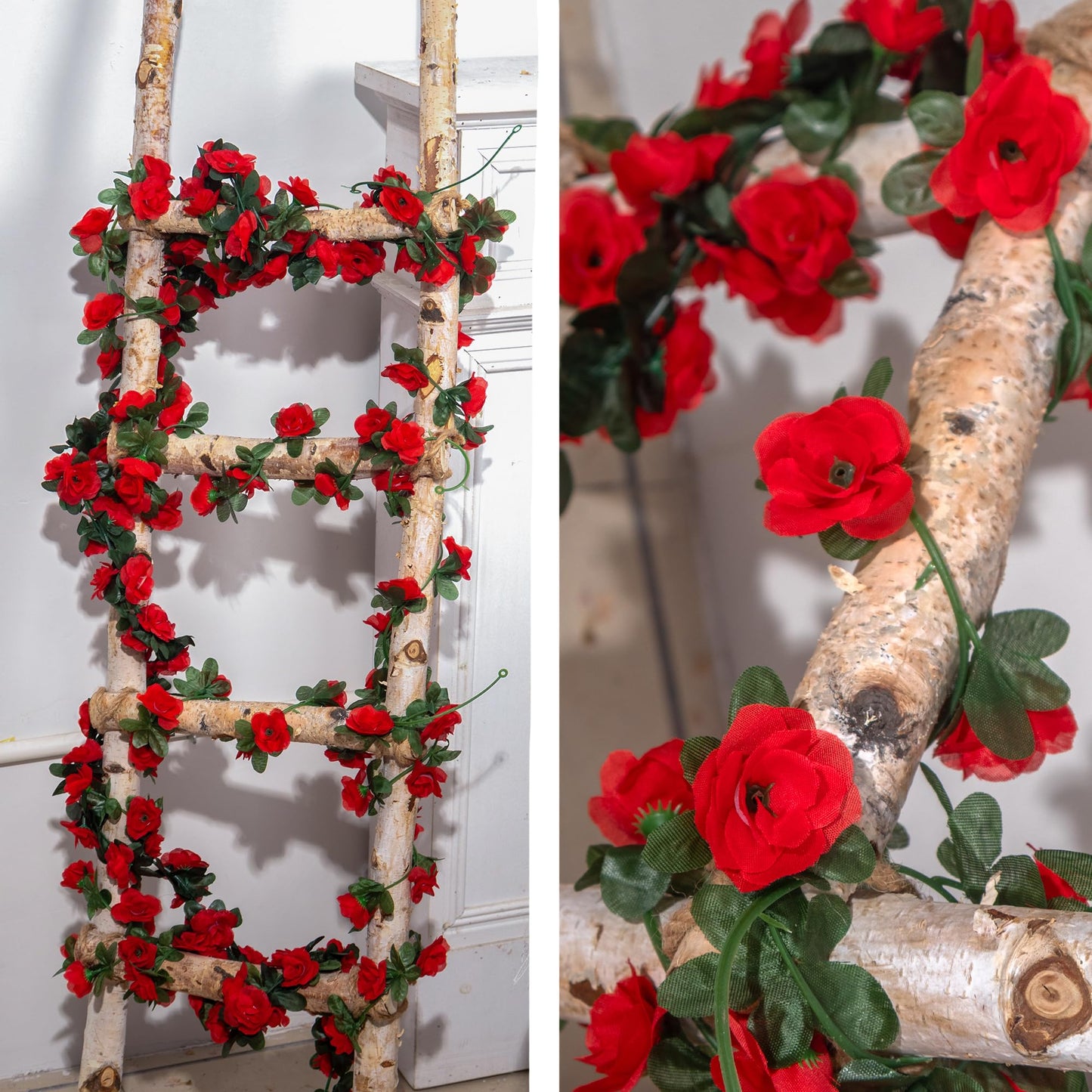 BSMYBO 5Pcs 41FT Artificial Red Flower Garland, Fake Hanging Flower Vines Wine Red Rose with Green Leaves, Faux Silk Flower for Backdrop Decoration Tea Party Wedding Birthday Anniversary Bedroom