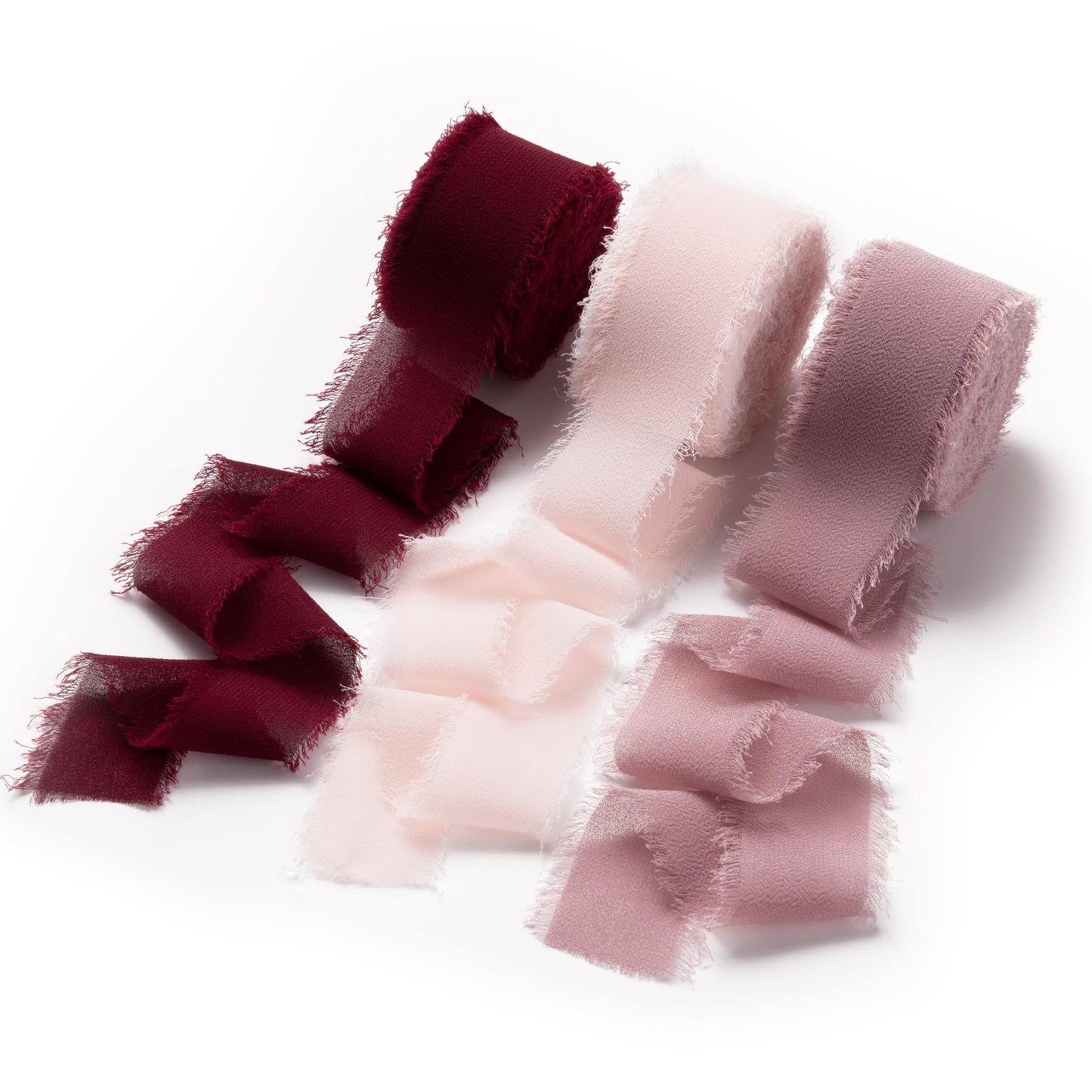 Burgundy and Pink Chiffon Ribbon for Flower Bouquet, 1" x21Yd Fabric Ribbon for Gift Wrapping, Handmade Frayed Ribbon for Wedding Invitations/Christmas Decorations