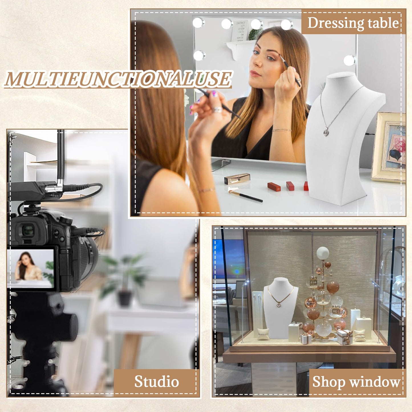 Homeanda Necklace Display Bust - PU Leather Jewelry Bust Stand for Photography, Boutique Display, and Home Organisation(White-9.8"x5.7")