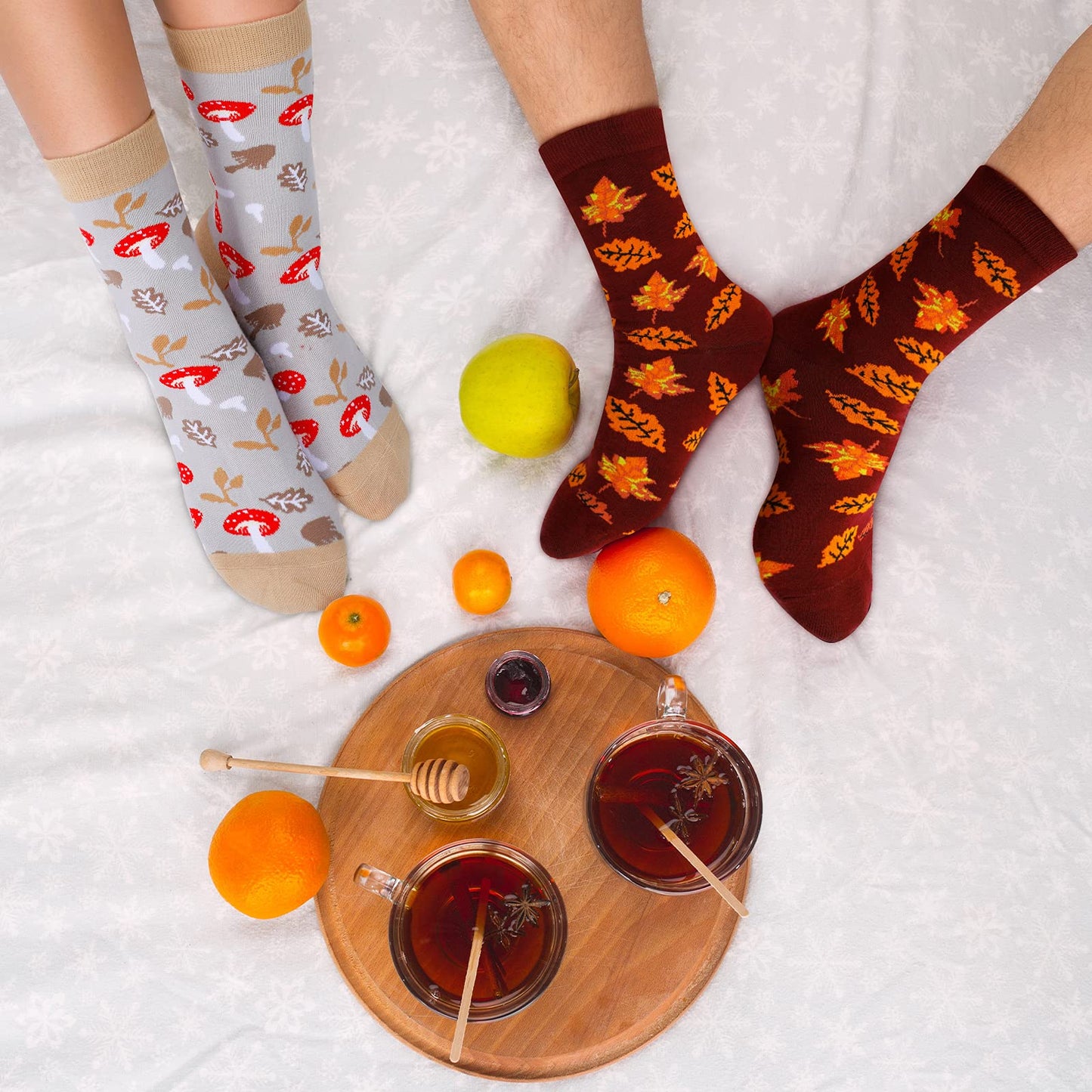 4 Pairs Thanksgiving Autumn Fall Socks Turkey Maple Leaf Pumpkin Mushroom Novelty Crew Socks for Women Men (Classic Warm Color)