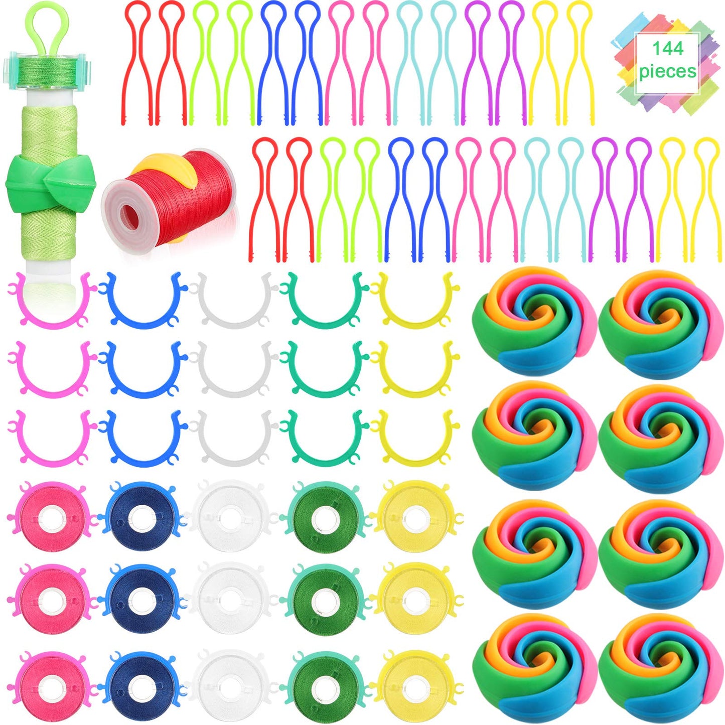 144 Pieces Bobbin Thread Buddies Set includes 70 Bobbin Holder Clips Color Thread Clips Holder Tool, 32 Thread Spool Huggers, 42 Bobbin Thread Holders for Thread Spool Organizing