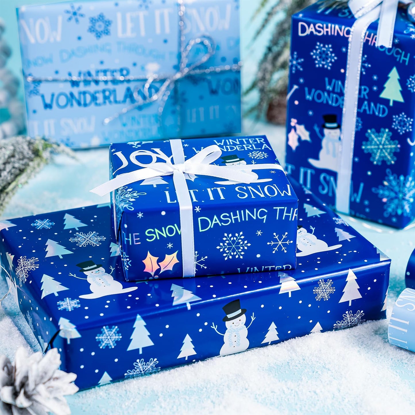 Christmas Wrapping Paper Roll - Mini Roll - 3 Rolls - 17 Inch x 120 Inch Per Roll - Blue and White Winter Wondland, Snowflake, Snowman Holiday Collection with Metallic Foil Shine