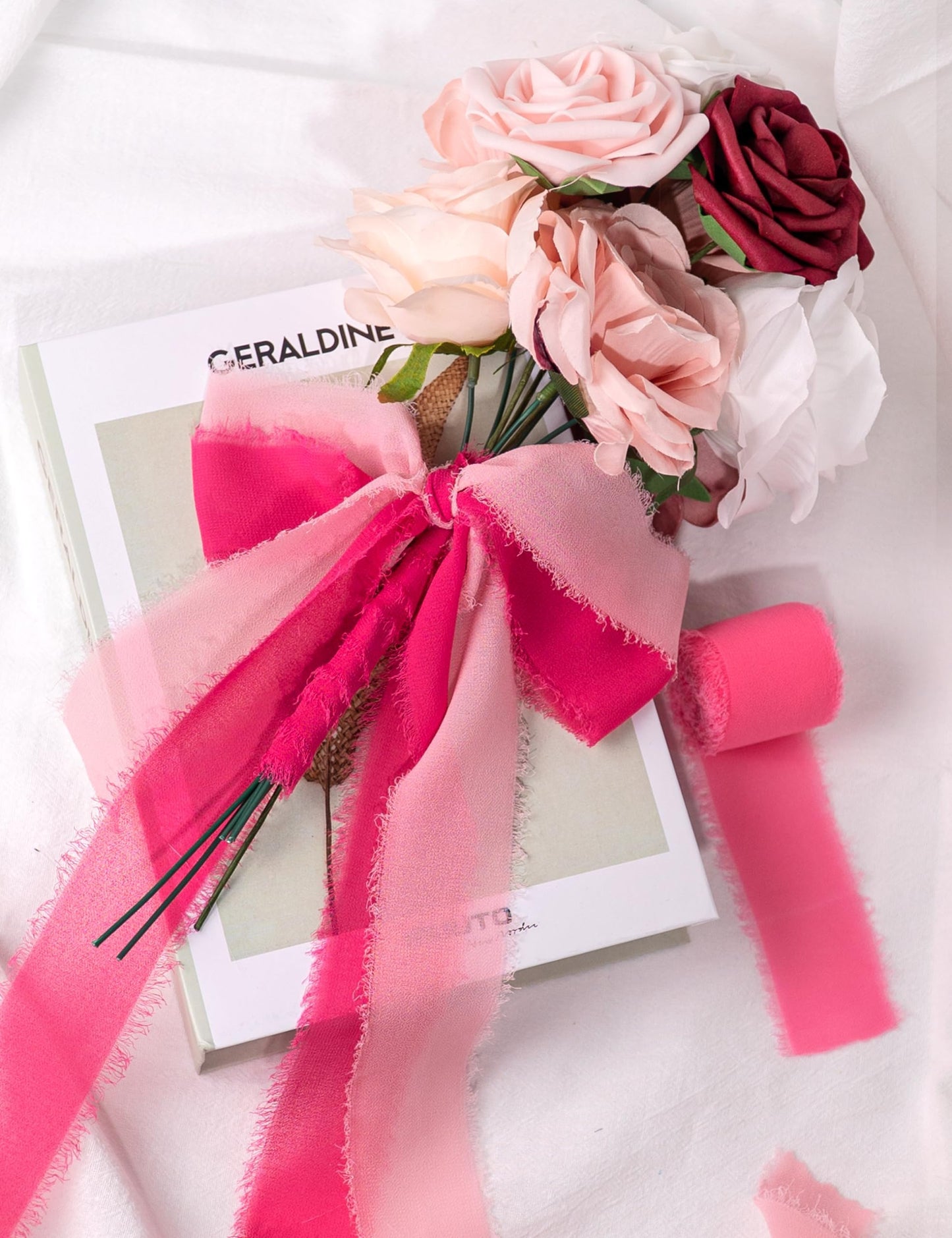 Chiffon Ribbon, Hot Pink Pastel Pink 1.5''x21Yd Frayed Fringe Silk Ribbon for Gift Wrapping, Handmade Ribbons for Floral Vase, Halloween, Wedding, Birthday, Engagement, Bridal Shower, 3 Rolls