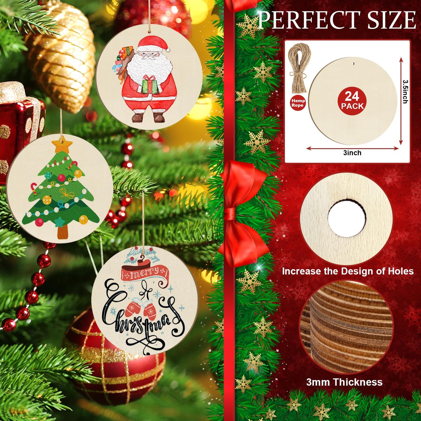 Wooden Christmas Ornaments to Paint Christmas Round Decoration Cutouts Unfinished 24PCS 3.5 x 3 inches, DIY Blank Unfinished Christmas Tree Wood Discs Ornament for Home Crafts Hanging