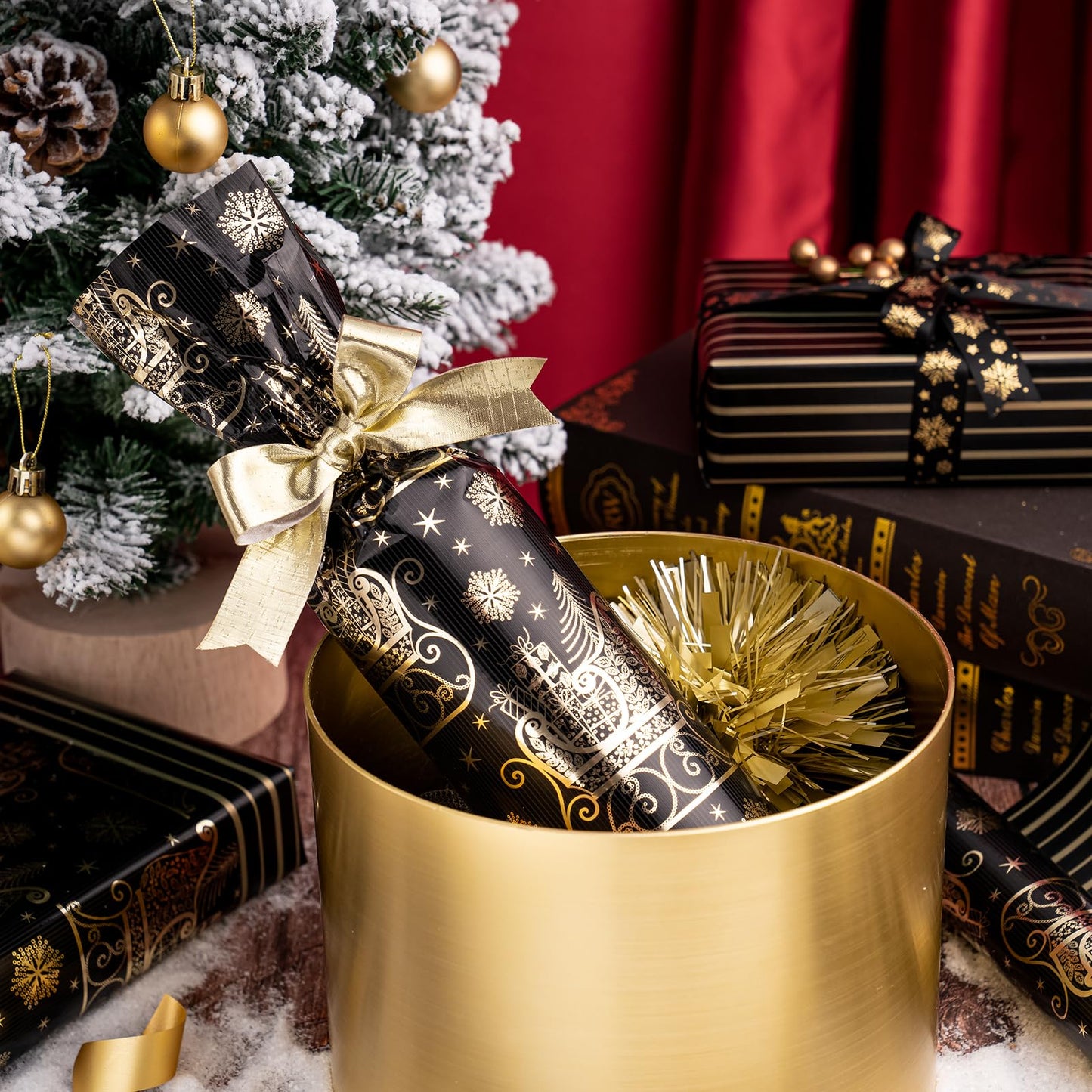 Reversible Black and Gold Christmas Wrapping Paper - Mini Roll - 17 Inch x 33 Feet - Black Gold Sleigh and Stripe Wrapping Paper with Metallic Foil Shine for Christmas, Holiday, Party