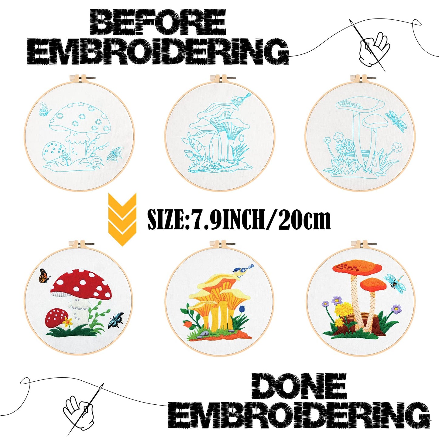 5 Sets Mushroom Embroidery Kit for Beginners with Pattern and Instructions Include Embroidery Cloth Hoops Threads for Craft Lover Hand Stitch DIY Adult Hand Needlepoint