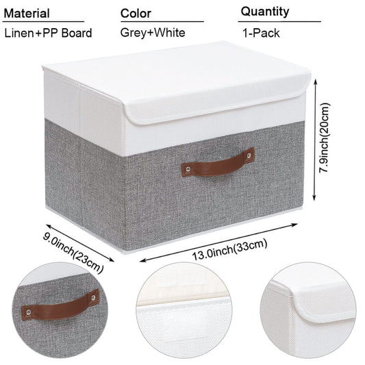 Collapsible Storage Bin, Cube Organizer Basket, Fabric Box with Lids, Washable and Leather Handle, for Home, Closet, White/Grey, 13.0''Lx9.0''Wx7.9''H, 1-Pack, SNK024WGS-1