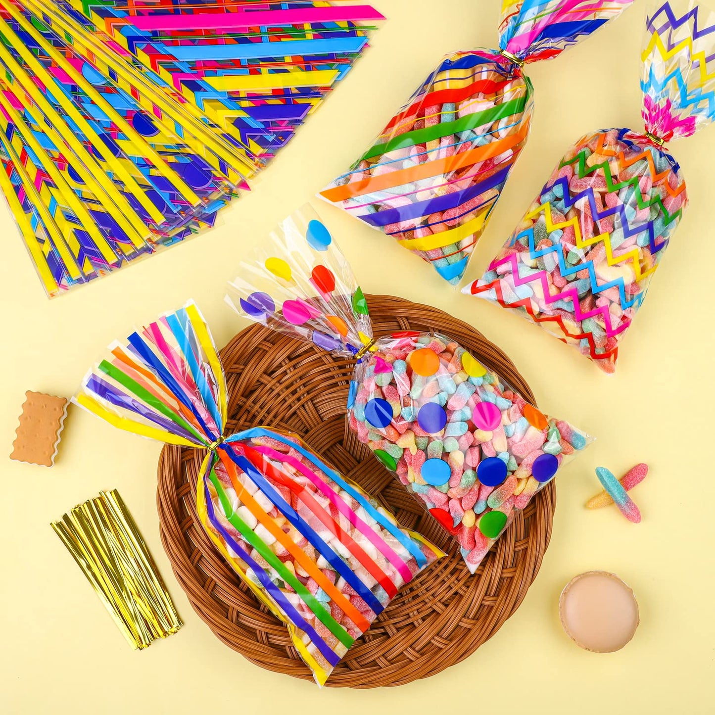 Aodaer 100 Pieces 10.6 x 5.1 In Rainbow Cellophane Bags Plastic Candy Gift Bags Cellophane Treat Bags with Twist Ties Stripes Polka Dot Printed Pattern Goodie Bags for Birthday Weddings Party Favors