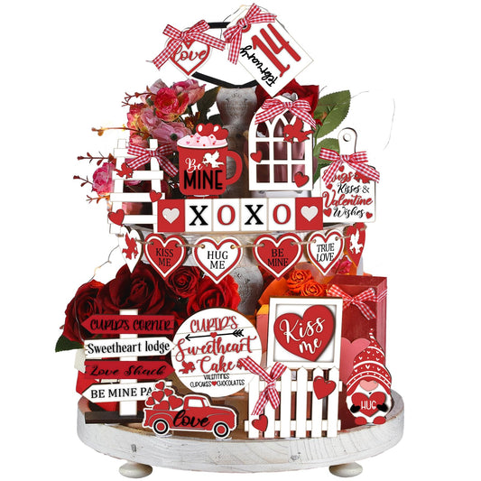 24 Pcs Valentine's Day Tiered Tray Decorations Farmhouse Gnome Heart Wooden (Tray not included)