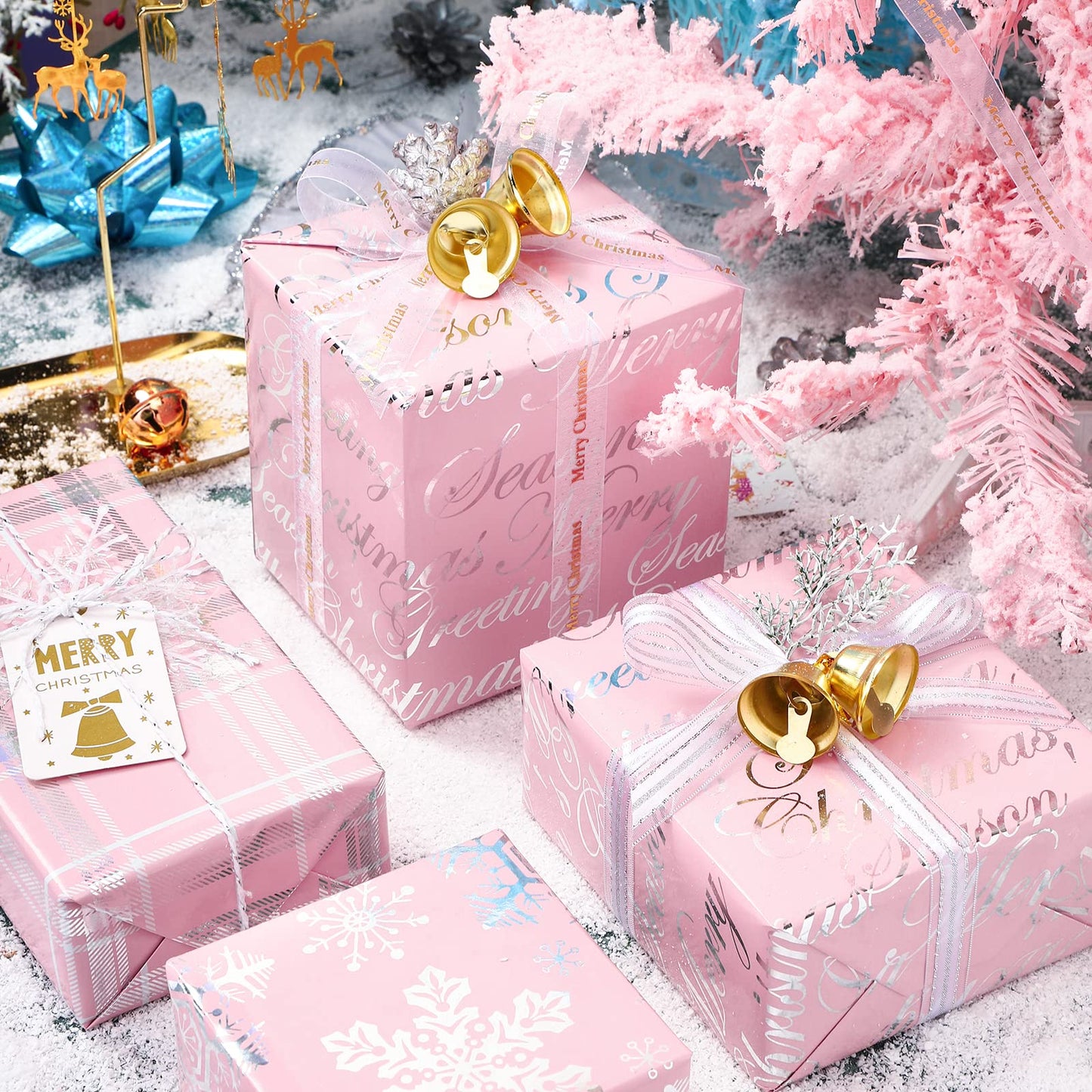 Christmas Wrapping Paper Roll - Mini Roll - 3 Rolls - 17 Inch X 120 Inch Per Roll - Pink with Silver Metallic Foil Snowflake, Plaid, Merry Christmas Lettering