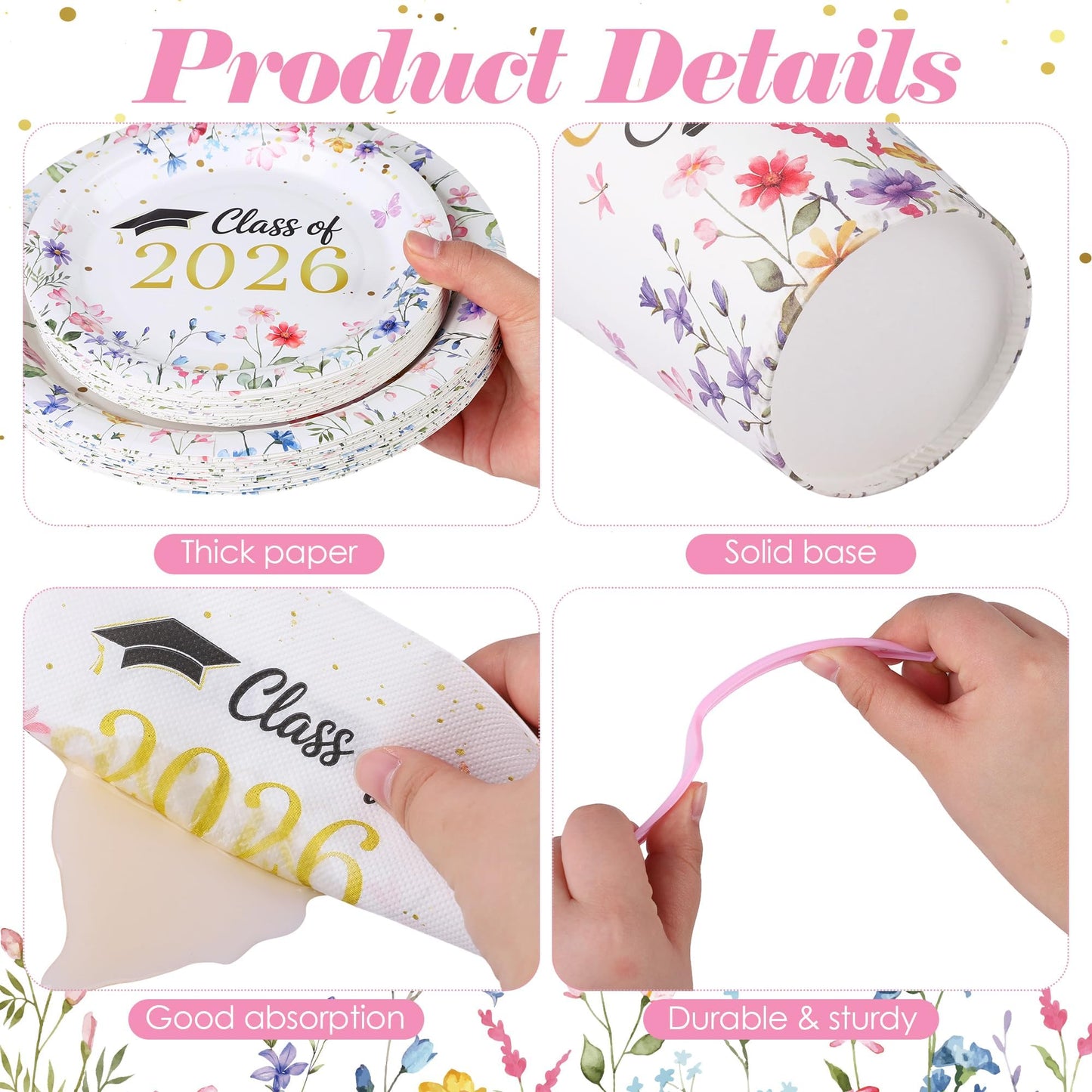 Kochorie 144 Pieces Class of 2026 Graduation Party Supplies, Congrats Grad Tableware Sets Including Disposable Paper Plates Napkins Cups Forks Serves 24 for Floral Graduation Party Decorations