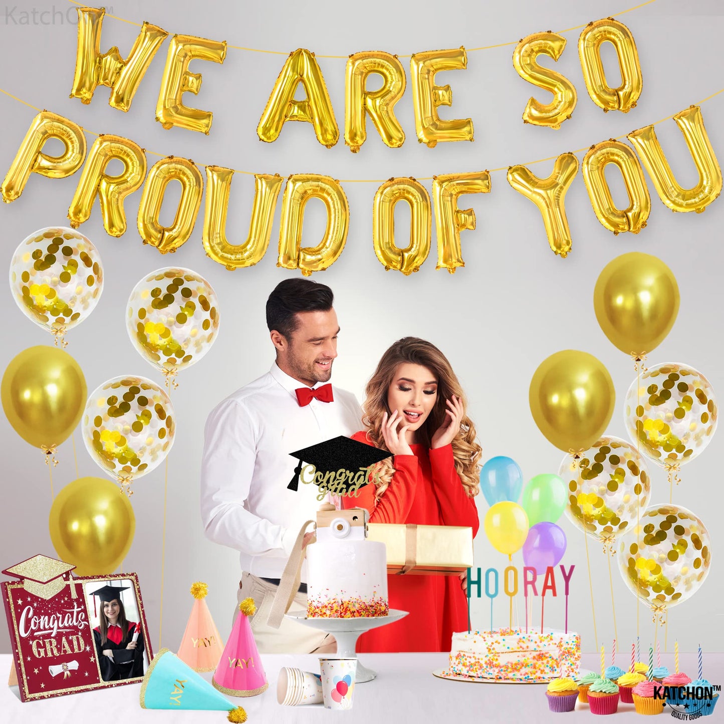 Katchon, We Are So Proud of You Balloon Banner - 16 Inch, Pack of 27 | Foil Gold Balloon Banner For Graduation Decorations 2026 | Grad Party Decor, 2026 Graduation Decorations