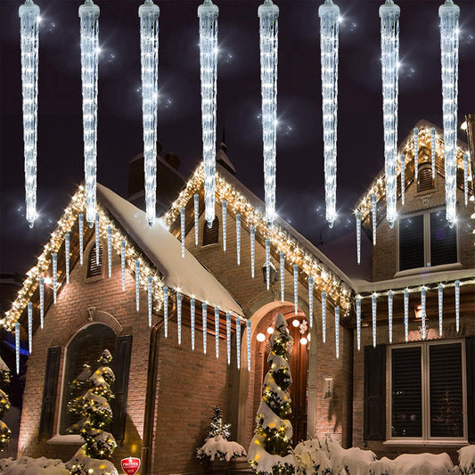 16 Icicles Meteor Shower Lights, 12" Outdoor Icicle Christmas Lights 384 SMD LED Crystal Ice Falling Light, Connectable Raindrop Iciclelight, Xmas Winter Party Tree Holiday Decor, White