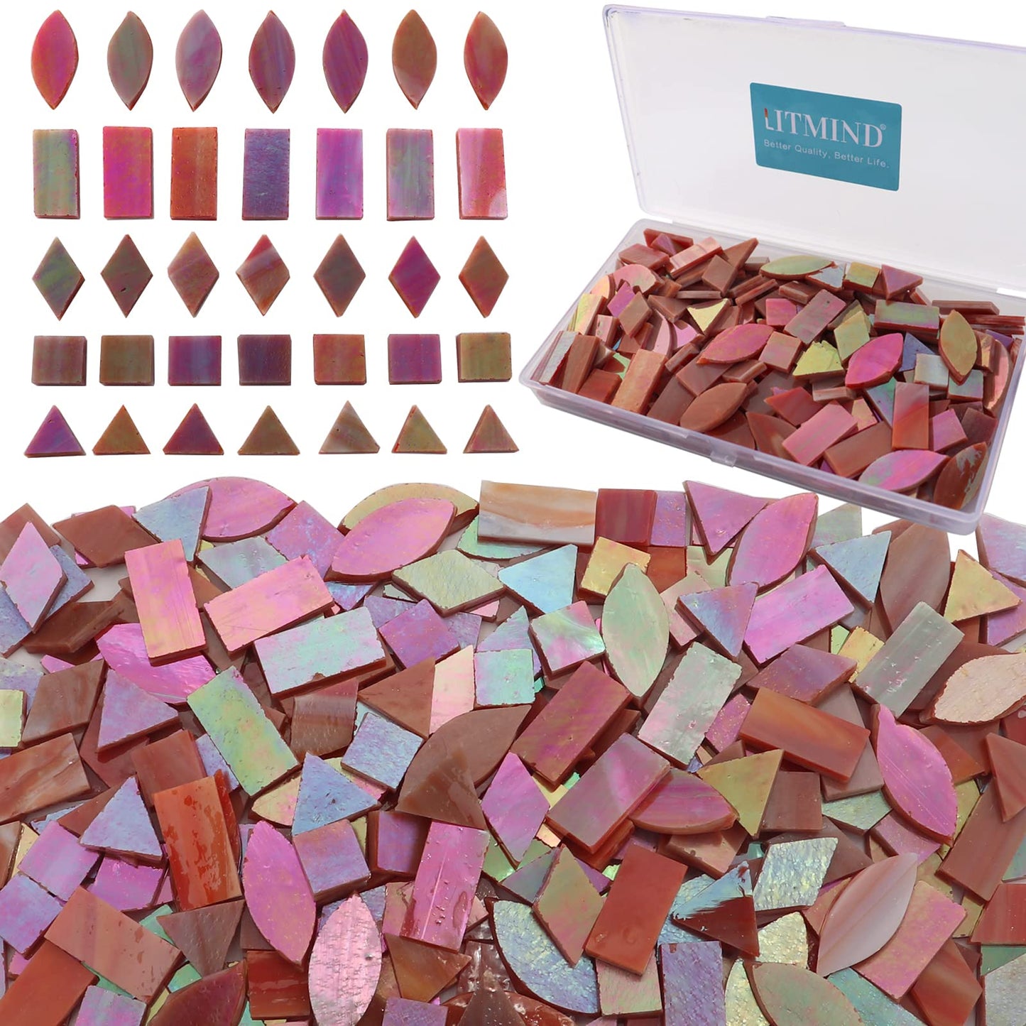 LITMIND Iridescent Glass Mosaic Tiles for Crafts, 240 Pieces 5 Shapes Mixed Stained Glass Pieces, Mosaic Kits for Adults (Iridescent Orange Red)