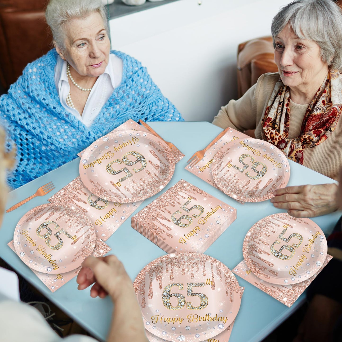 96Pcs 65th Birthday Party Plates and Napkins for 65 Year Old Birthday Party Supplies Rose Gold Paper Dessert Plates 65th Birthday Tableware Set for Men Women 24 Guests Party Decorations