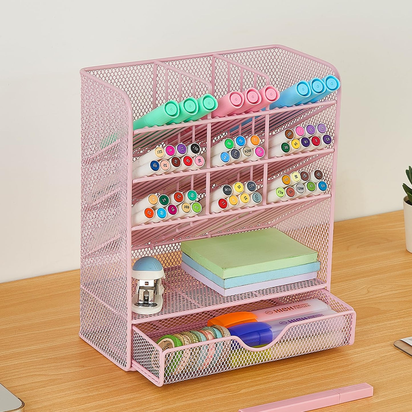 Spacrea Pen Holder Desk Organizer - Desk Organizers and Accessories, Pencil Holder with 10 Compartments and 1 Drawer（Pink）