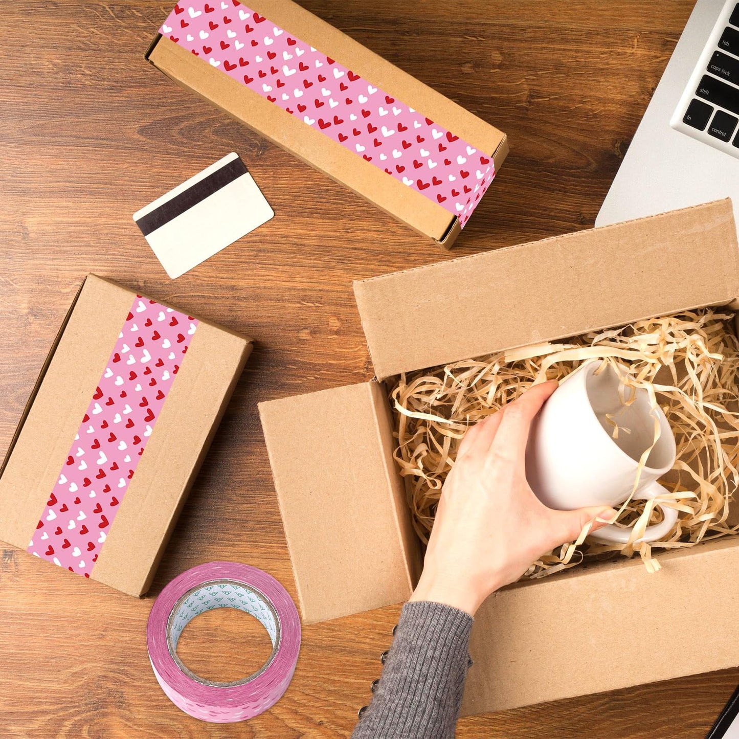 Valentine's Day Packing Tape 100 Yard Pink Red Love Heart Sticky Wrapping Tape Waterproof Shipping Tape for DIY Crafts Small Business Sealing Boxes Mail Boxes Supplies