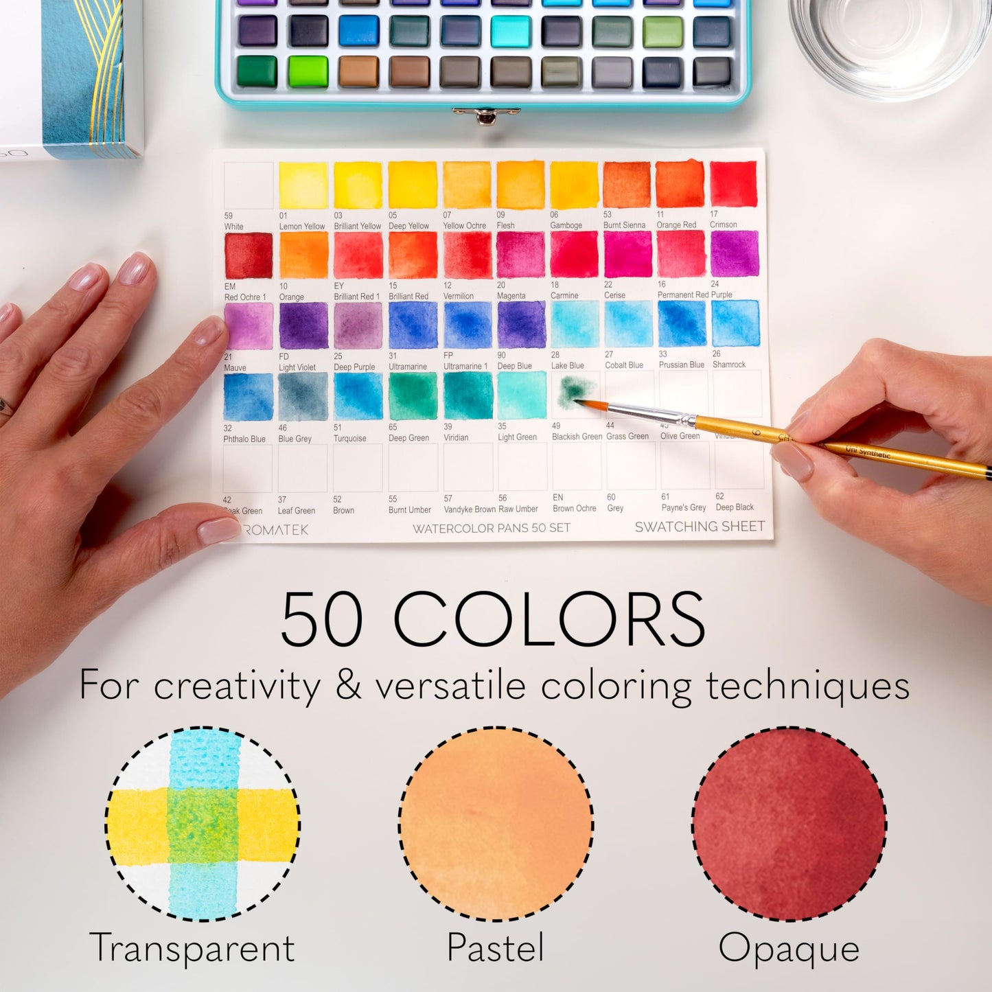 Watercolor Paint Set, 50 Vivid Colors, Water Color Paper Pad, Brush, Aqua Pen, Palette, Color Chart, Swatch Sheets & Metal Travel Case, Premium All-In-One Art Travel Kit Art Supplies