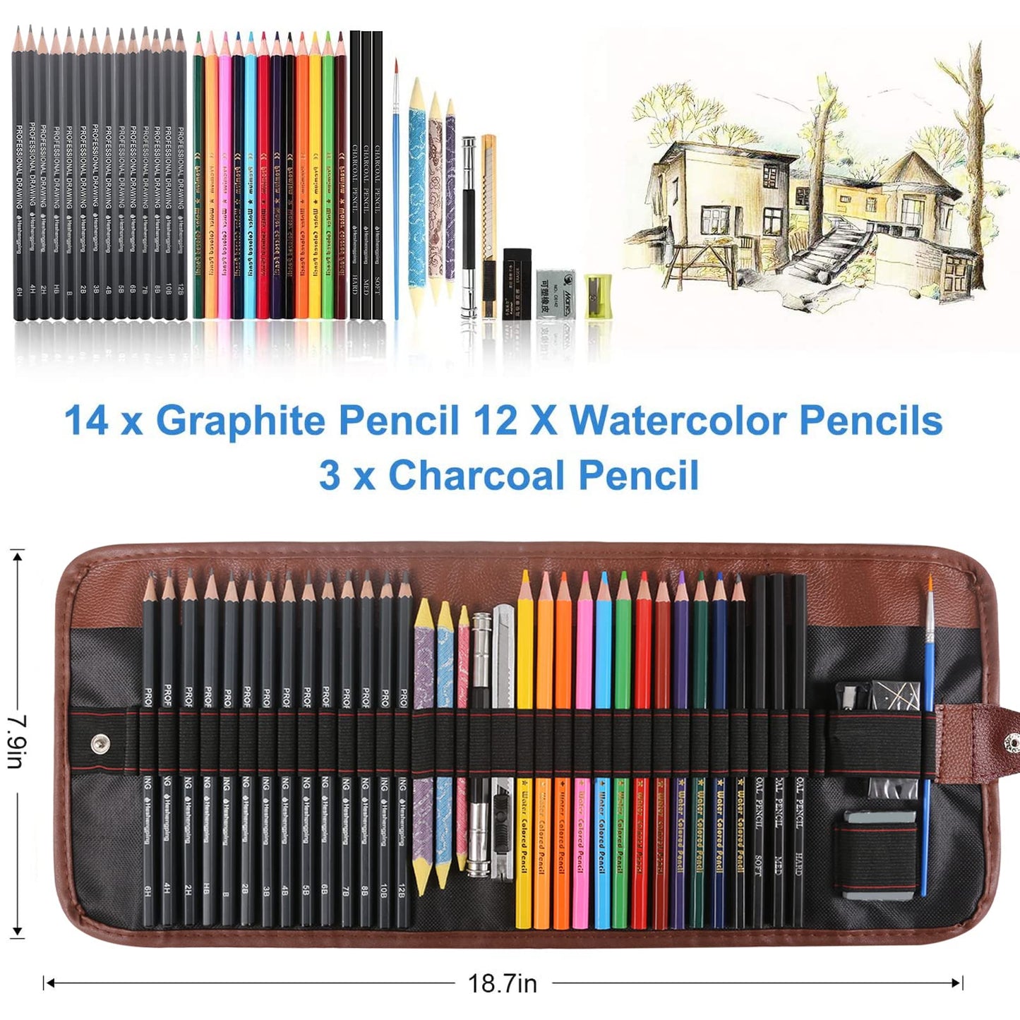 Heshengping, Sketching Pencil Set Drawing Pen Charcoal Sketch Kit Cover Graphite Pencils Charcoal Pencils Watercolor Pencils Paper Erasable Pen Beginners Artist Children and Adults(39pcs Art Supplies)