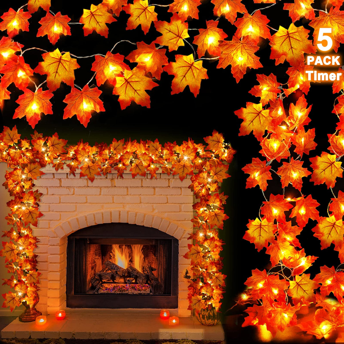 Timer 5 Pack Fall Decor Fall Garland with Lights Total 100LED 50FT