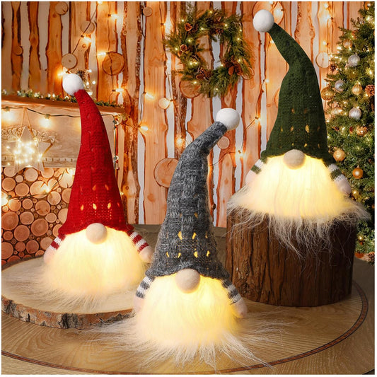 Christmas Plush Gnomes, 9 Inch Lighted Handmade Mini gnome Scandinavian, Light Up Swedish Tomte Elf Holiday Present, Battery Operated Xmas Gifts Table Ornaments Dinner Party Supplies, Set of 3