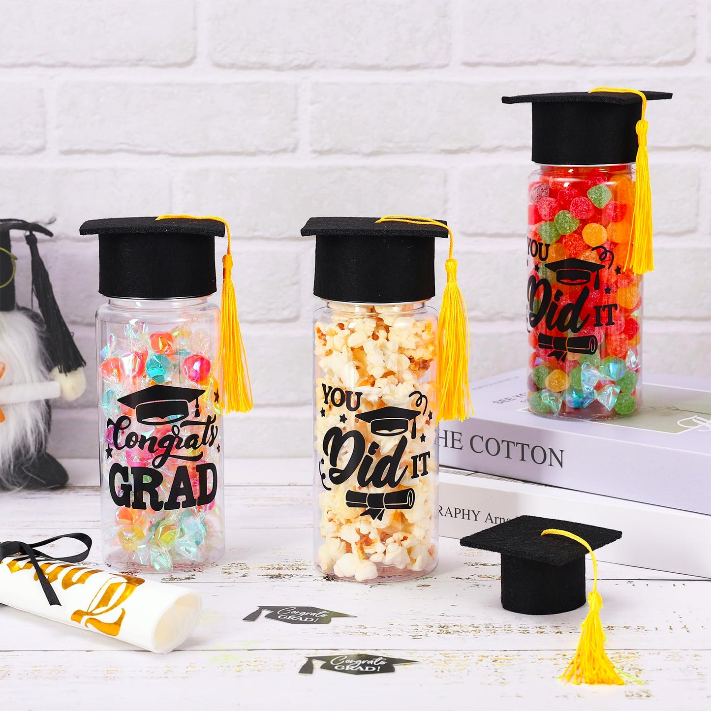 Whaline 20Pcs Graduation Plastic Cups with Lids and Felt Cap Decor Clear Party Drinking Cups Congrats Grad Reusable Tumblers for Graduation Party Supplies