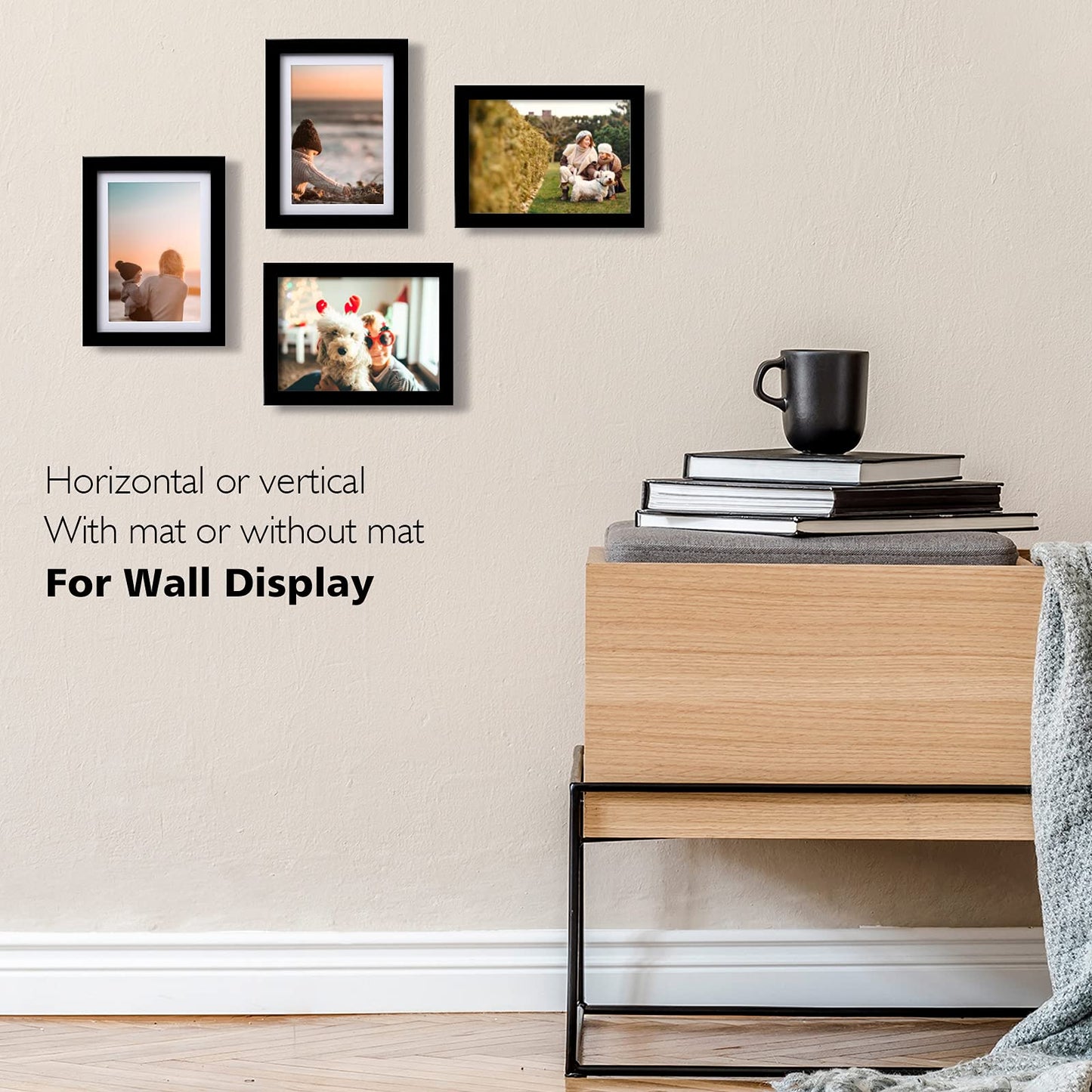 KINLINK 5x7 Picture Frames Black, Photo Frames with Plexiglass for Picture 4x6 with Mat or 5x7 without Mat, Composite Wood Picture Frames for Table Top and Wall Mounting, Set of 4