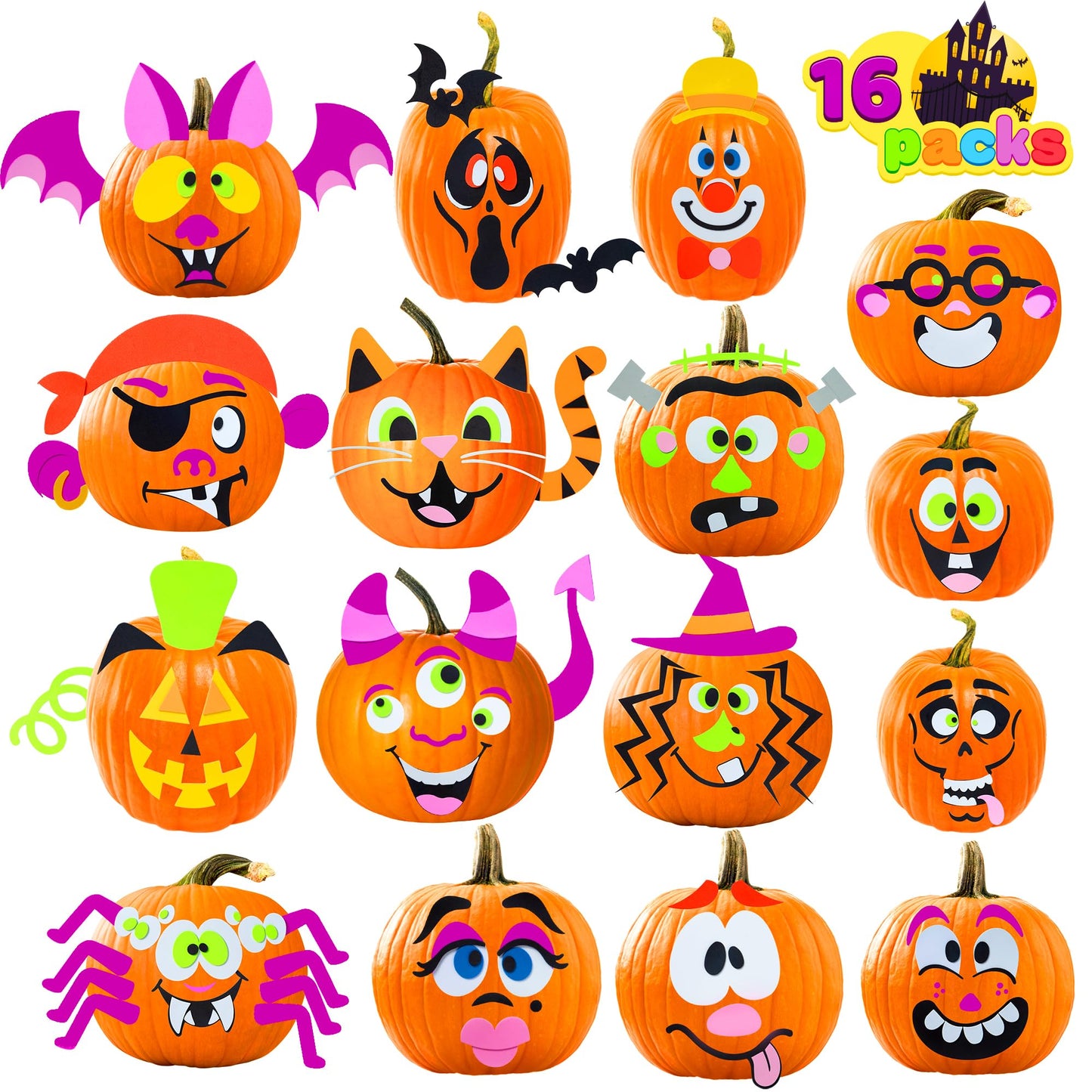 JOYIN 16 Packs Halloween Pumpkin Decorating Stickers, Foam Craft Kit, Halloween Party Favors for Kids, Party Supplies Arts Activities, Funny Jack O Lantern Stickers School Games Gifts