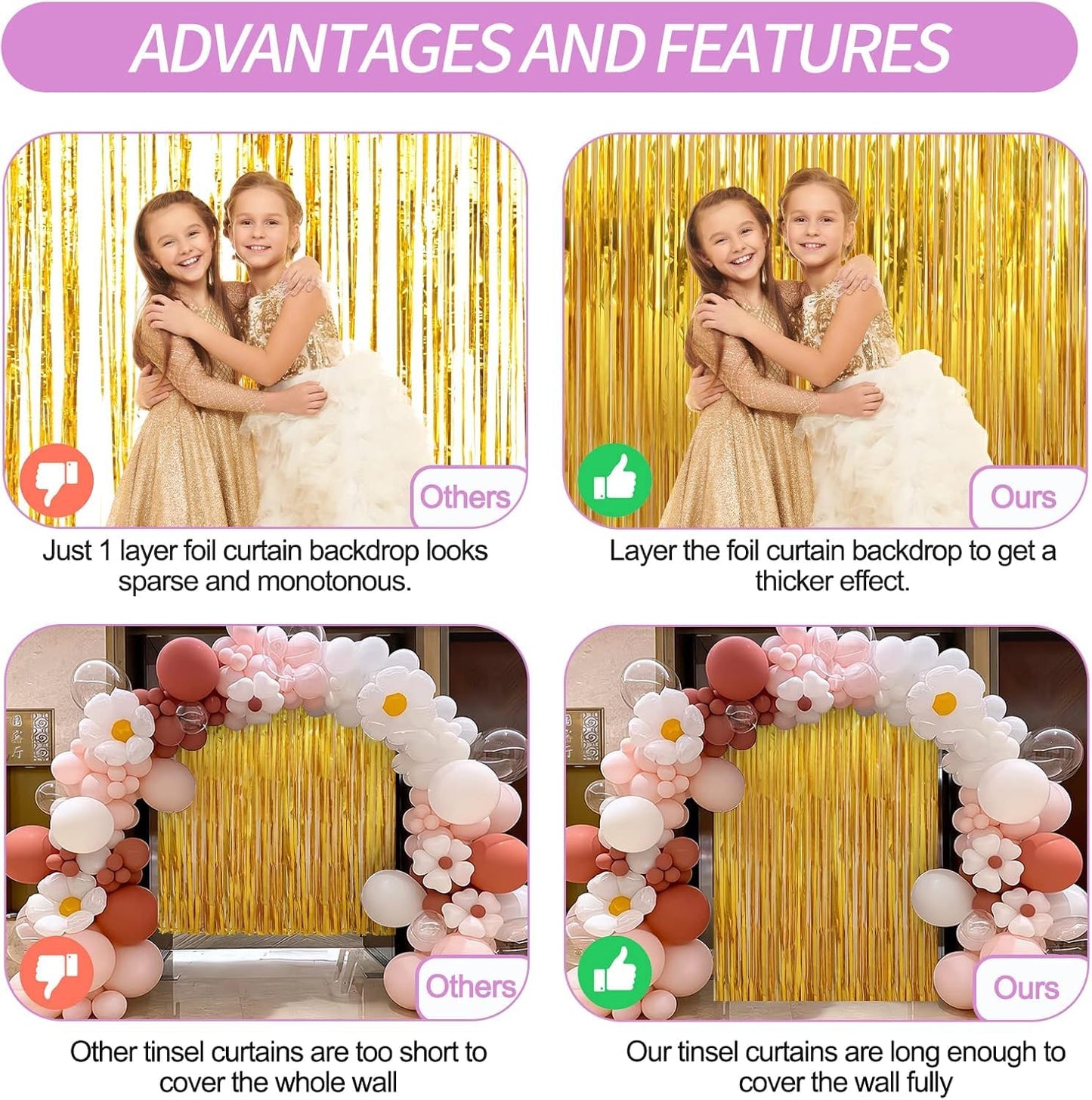 Birthday Party Decorations: 3 Pack 3.3 x 9.9 ft Gold Foil Fringe Curtains Party Supplies, Tinsel Curtain Backdrop for Parties/Birthday/Photo Booth