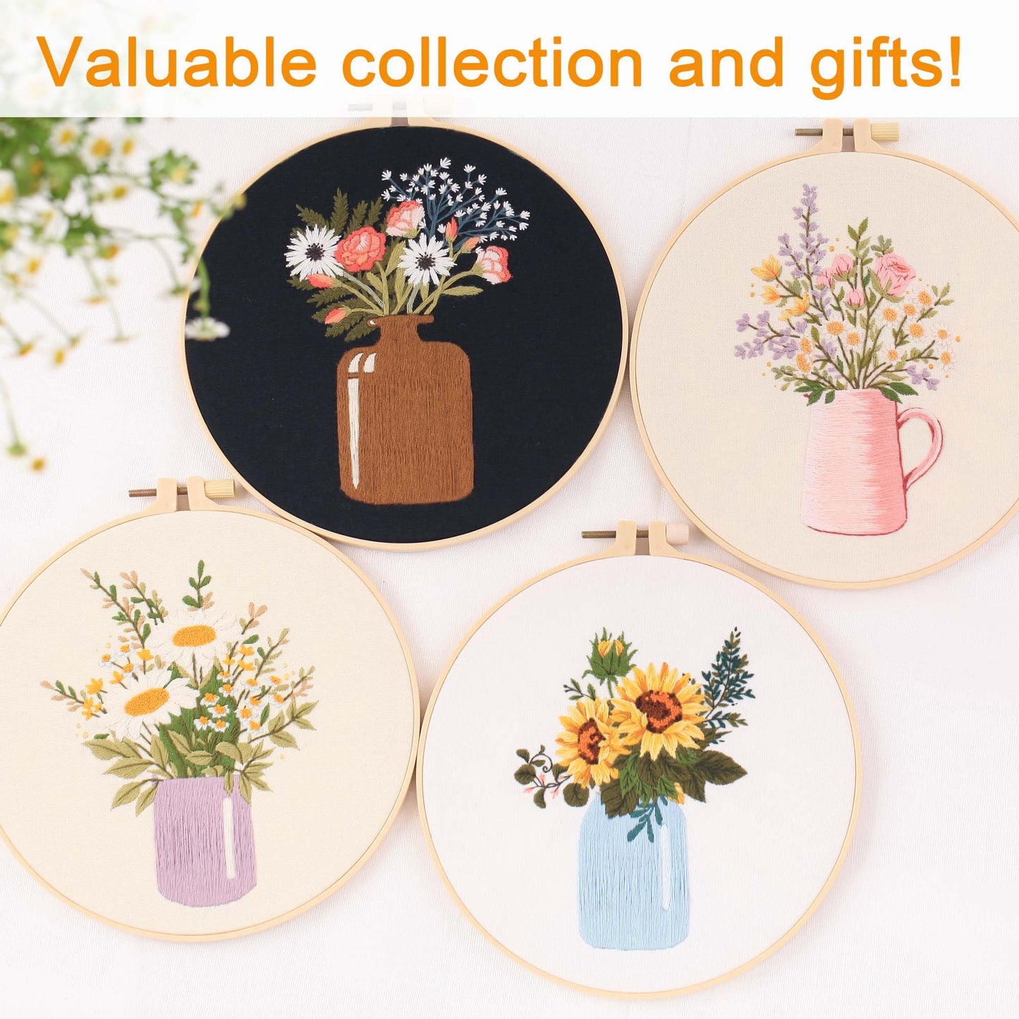 4 pcs of Embroidery Starter kit with Patterns and Instructions, DIY Adult Beginner Cross Stitch Kits, Including 2 Plastic Embroidery Rings, 1 Pair of Scissors, Colored Threads and Needles