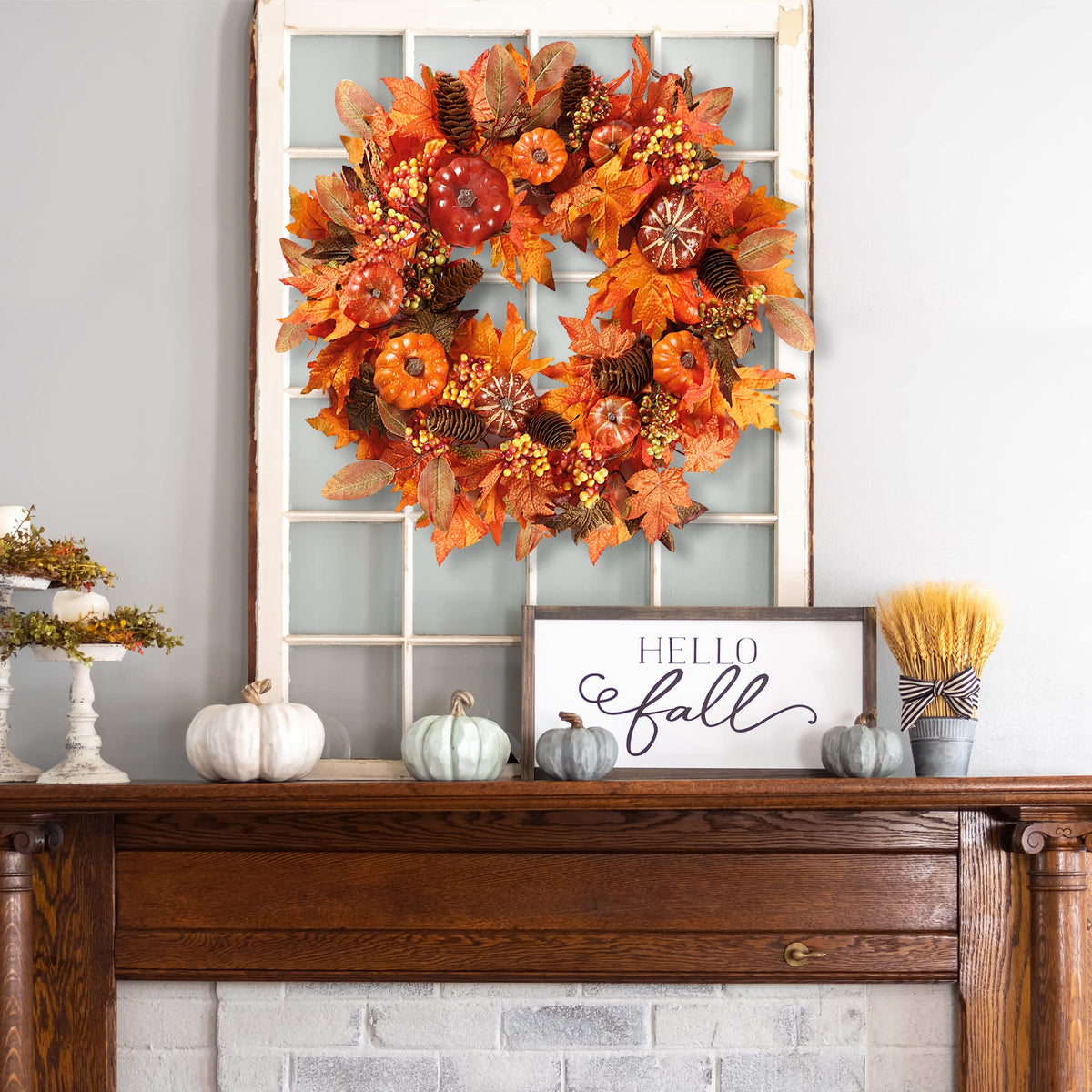 Sggvecsy Fall Wreath 20’’ Autumn Front Door Wreath with Various Pumpkin Cluster of Berries Maple Leaves Pine Cones for Outside Indoor Wall Window Festival Thanksgiving Harvest Autumn Fall Decor