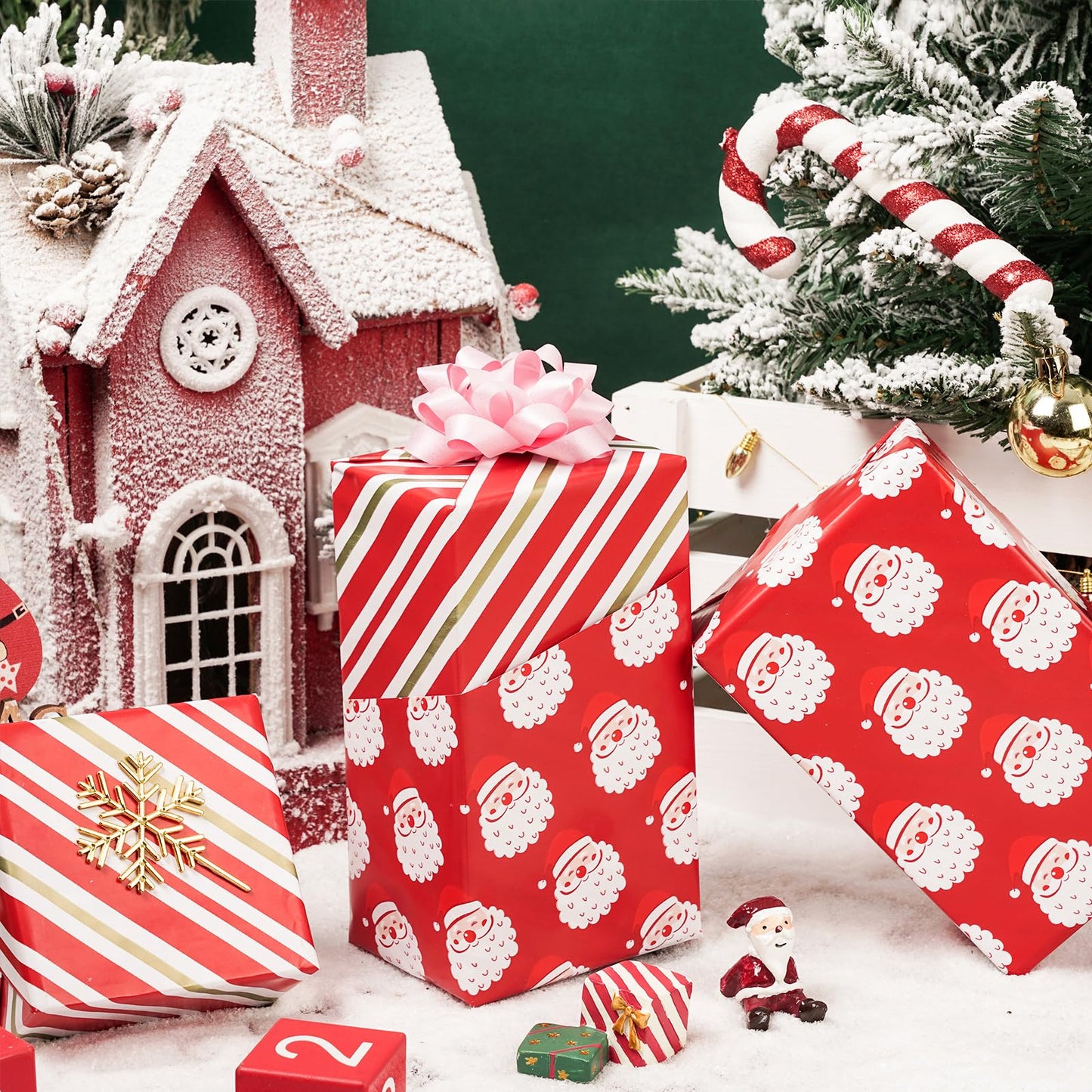 Reversible Wrapping Paper Roll - Mini Roll - Christmas Santa Claus and Stripe Pattern Great for Christmas, Party, Holiday - 17.5 Inches X 32.8 Feet